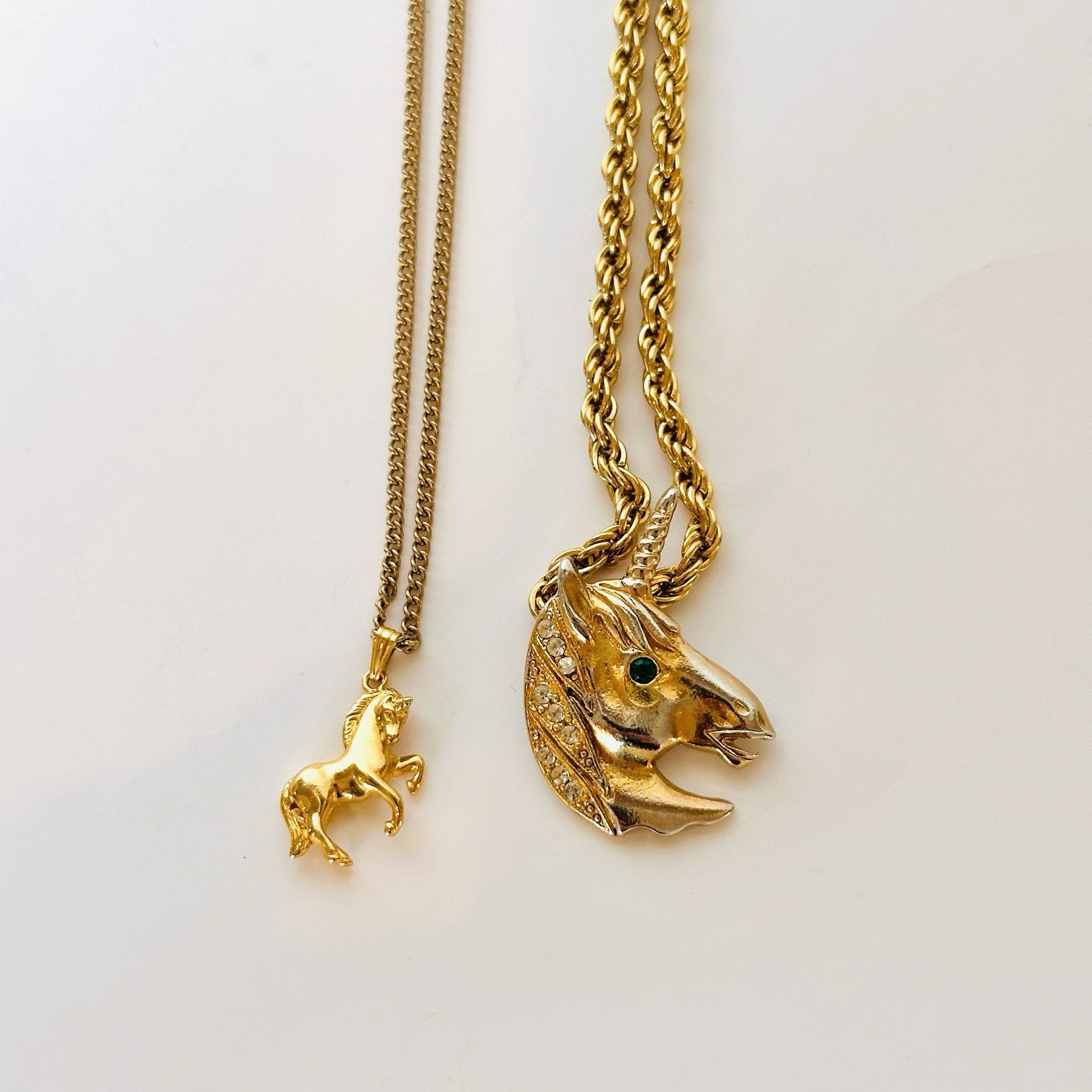 VTG Running Horse Unicorn Rhinestones Equestrian Pendant Necklace Gold Tone LOT