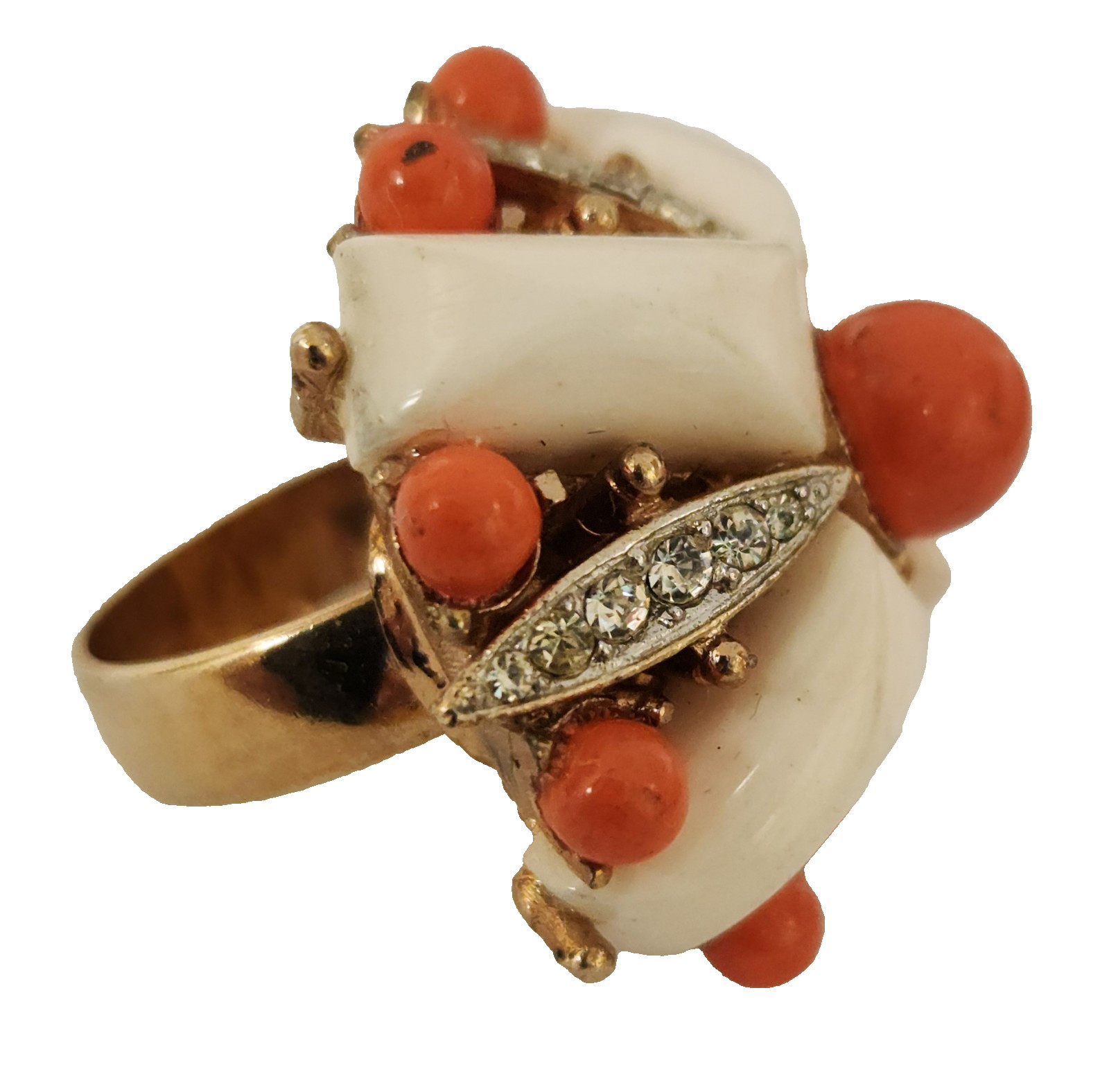 Marvella Fluted Cream & Coral Orange Color Lucite Adjustable Necklace & Ring