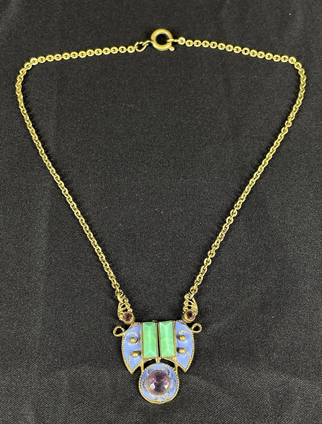 Art Deco Bright Blue Enamel With Green & Purple Stones 13”Choker Necklace