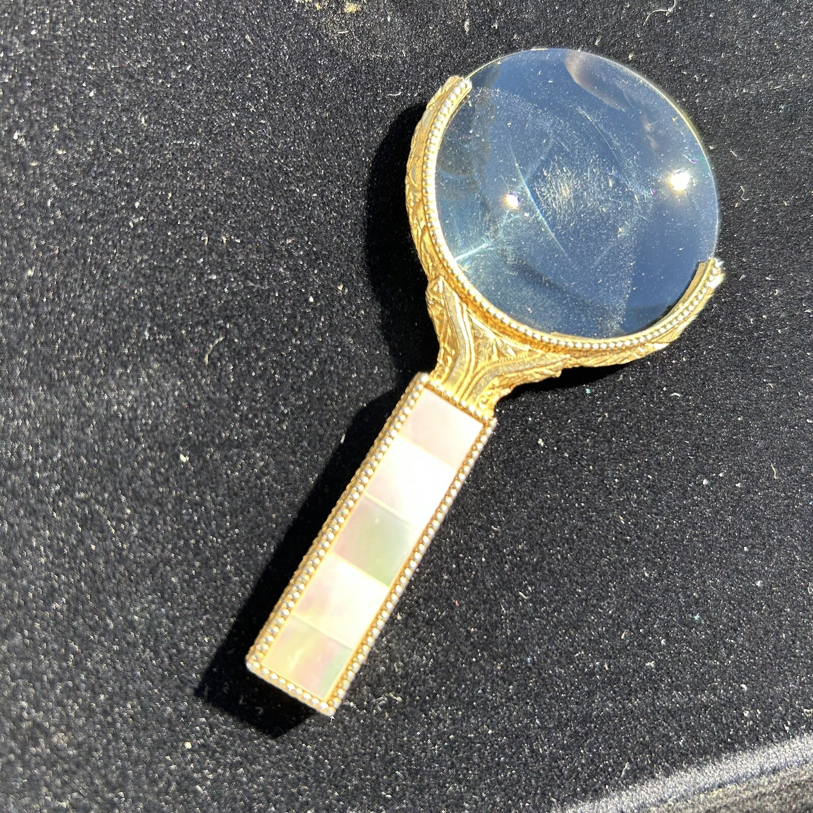 Art Deco Ornate Gold Mother of Pearl Magnifying Glass Circa 1920’s Measures 4″ L