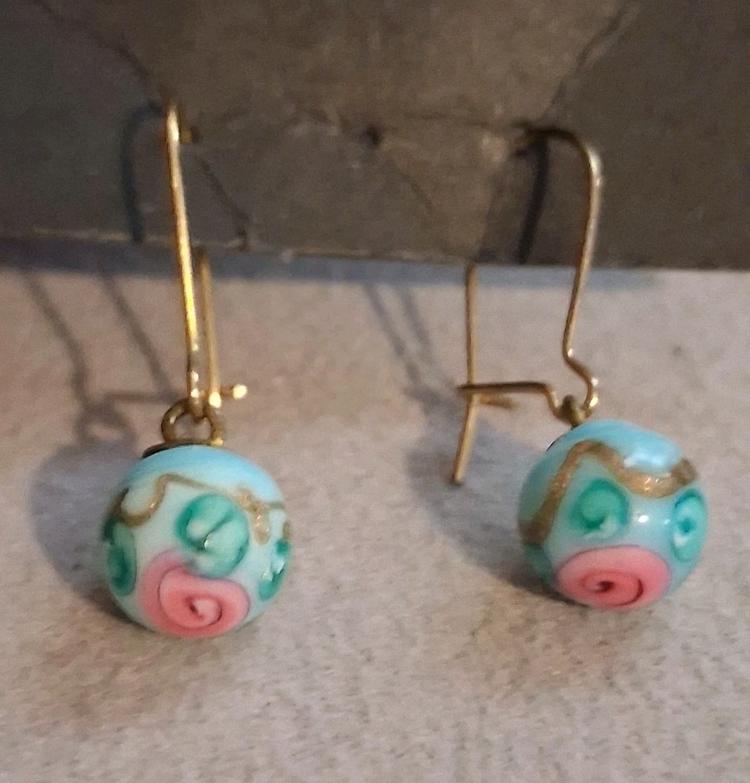 Turquoise blue lampwork bead dangle drop earrings w/pink flower, gold-plate earw