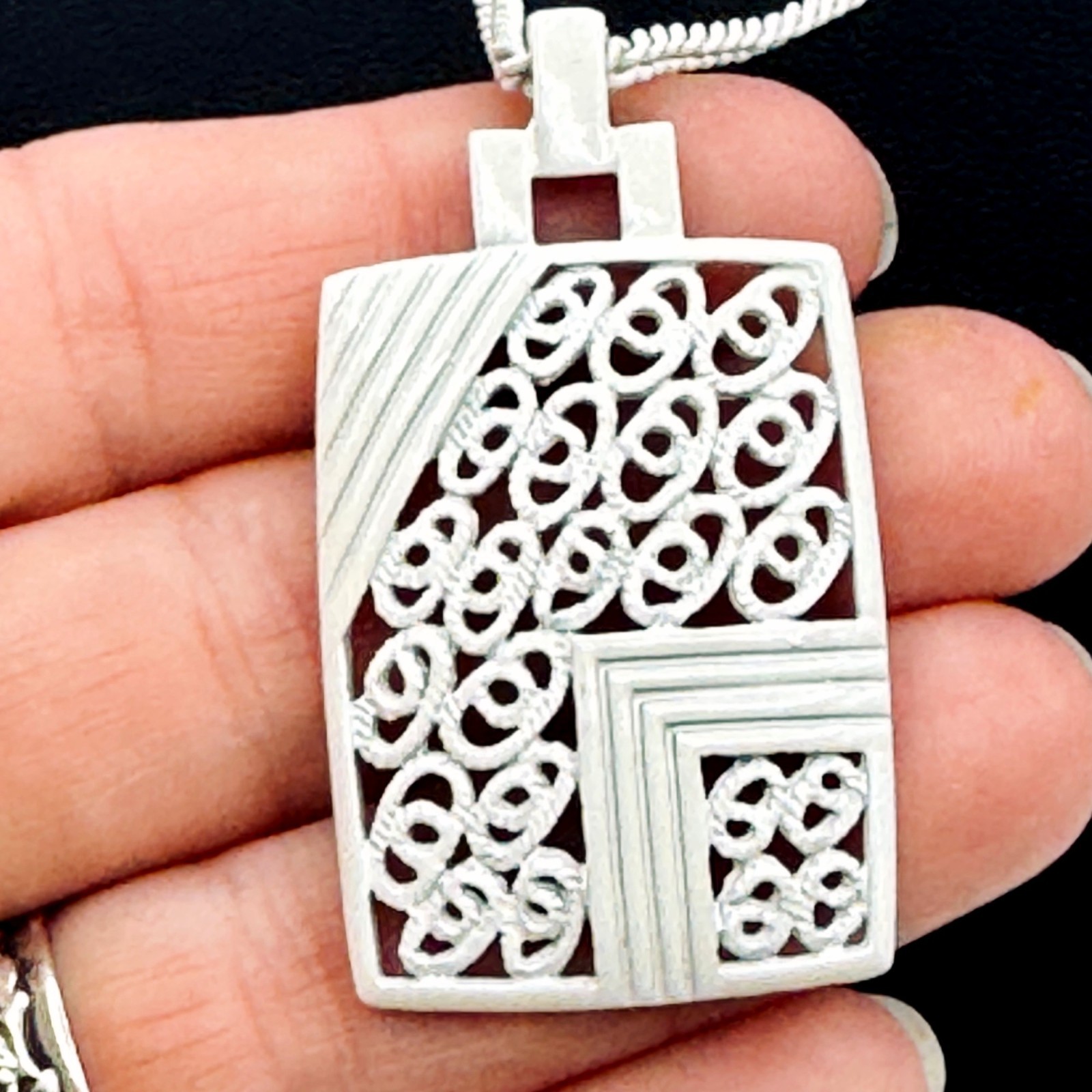 Vintage White Enamel Pendant and Chain Filigree Open Work 1970s Look 28″