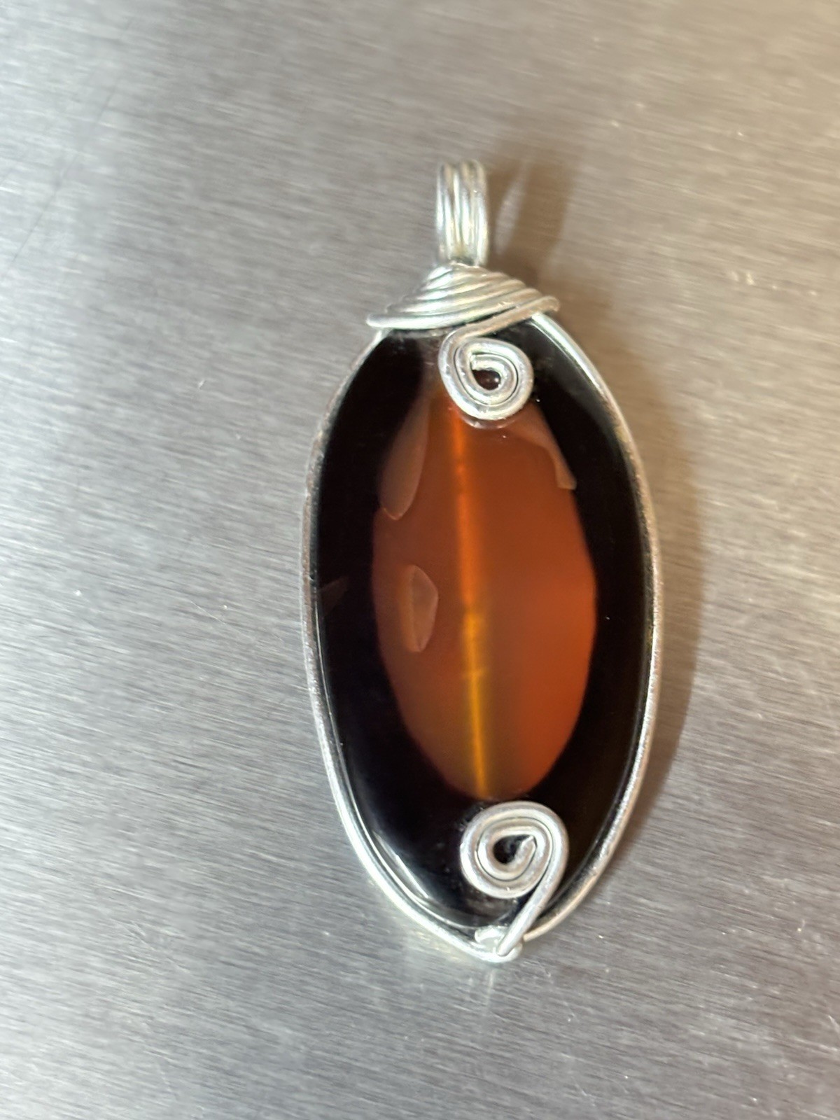 Handmade Wire Wrapped Pendant Dk Amber Orange Translucent Stone or Glass Artisan