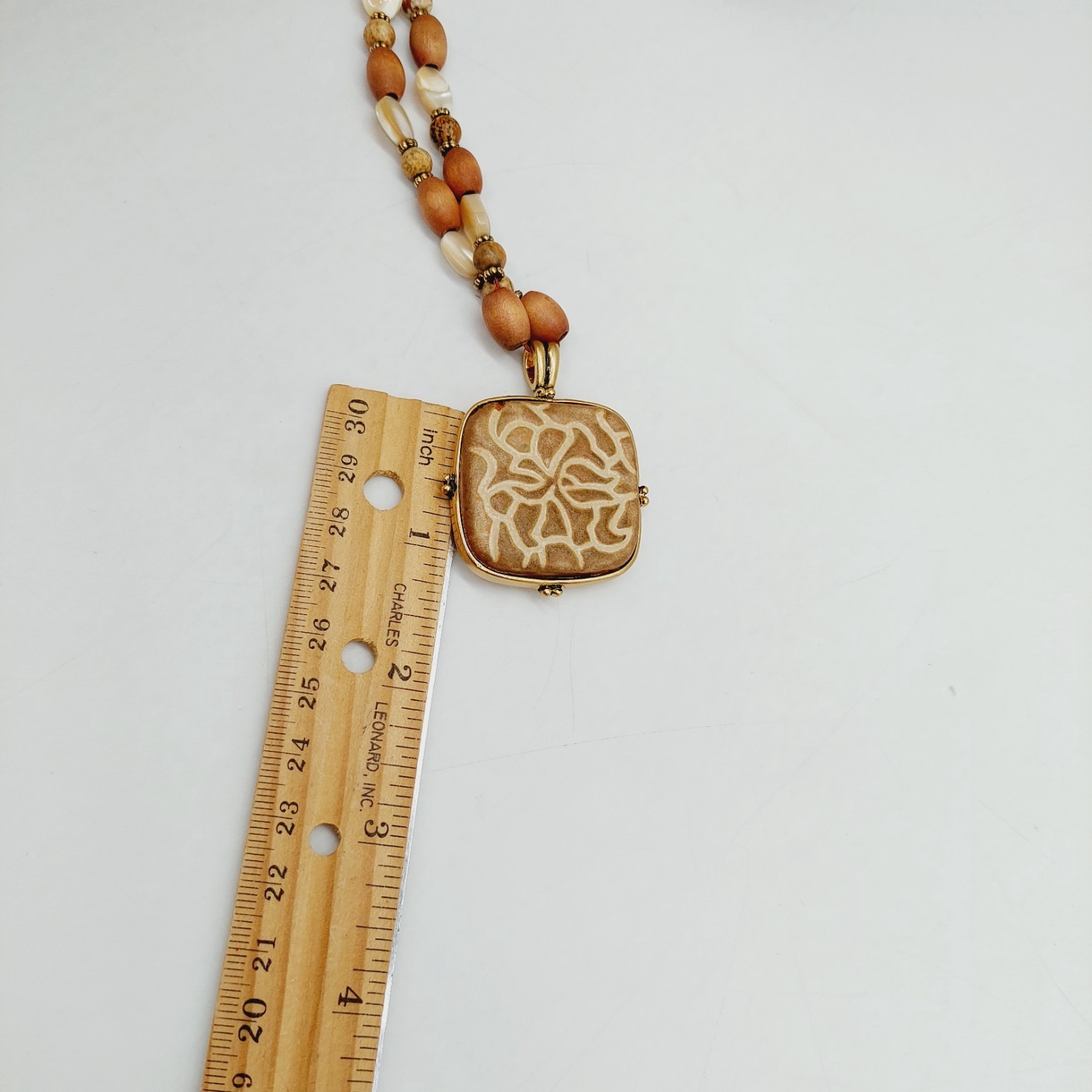 Monet Wood Shell Beads Ceramic Pendant Necklace