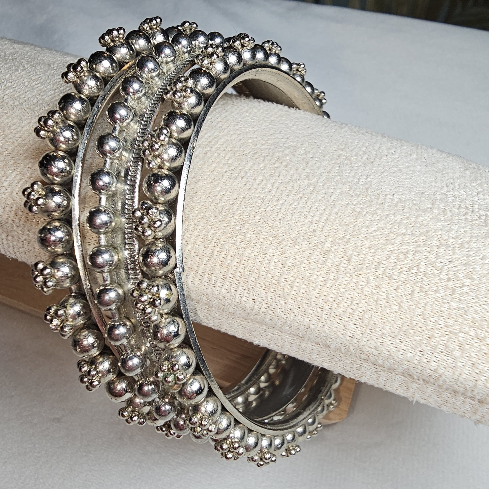 SET OF 3 Vintage Rajasthani Style BANGLE BRACELET Beaded Tribal Silvertone 8.25″