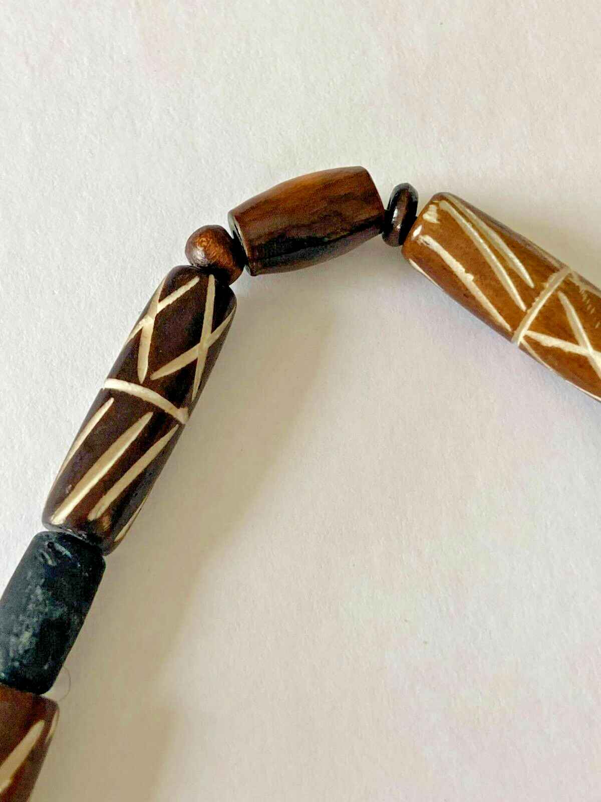 Hand Beaded Vintage Carved Wood and Black Ceramic 7.5-inches