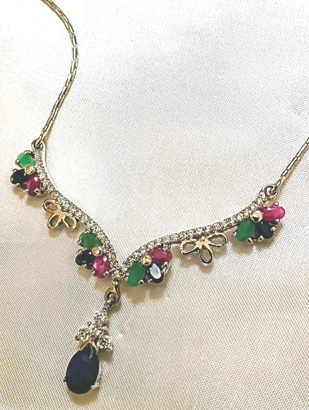 Vintage Silver 925 Sapphire Emerald Ruby Drop CZ Statement Necklace 18″