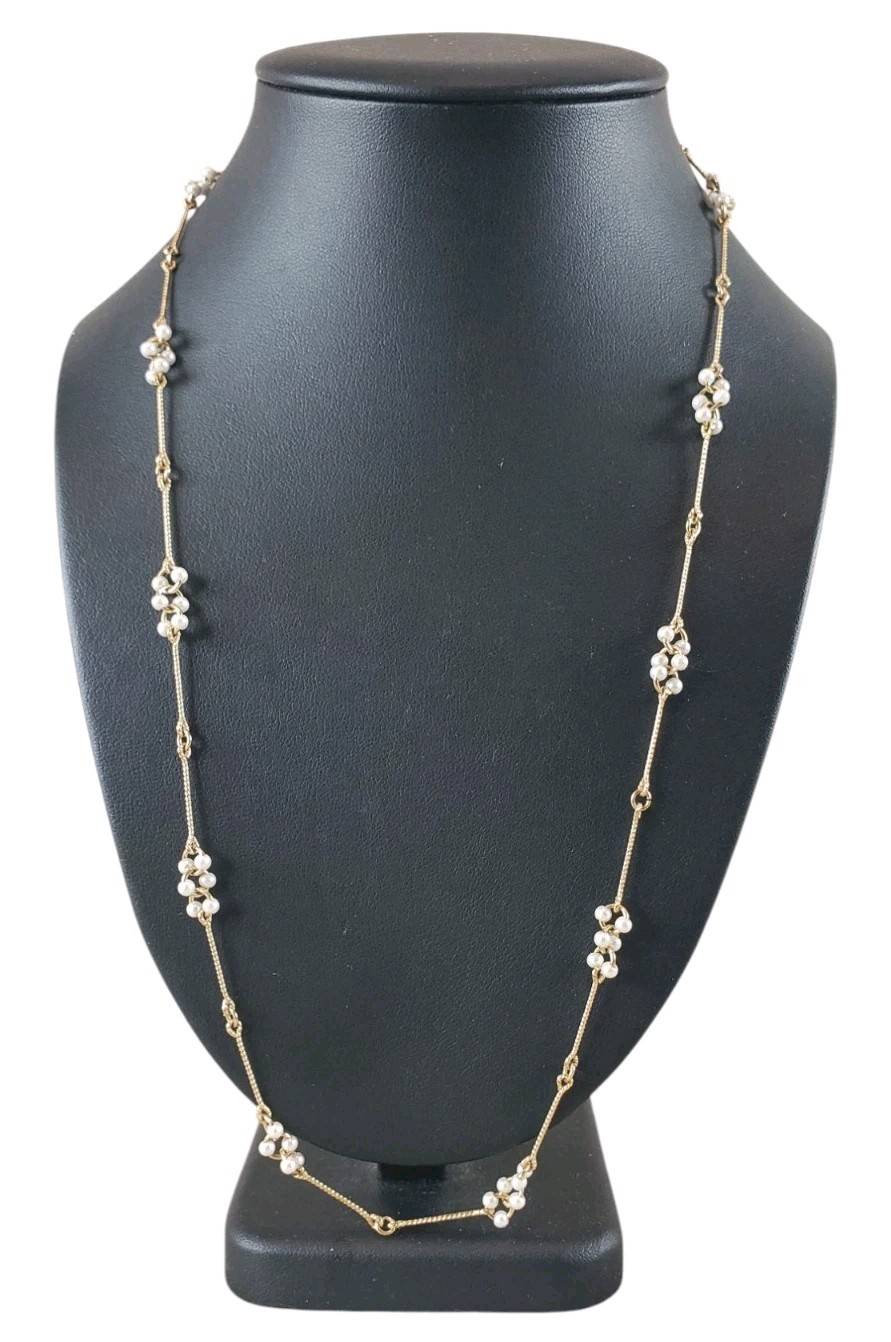 Avon Gold Tone Faux Pearl Cluster Station Necklace 24 Inch Yellow Gold Plated