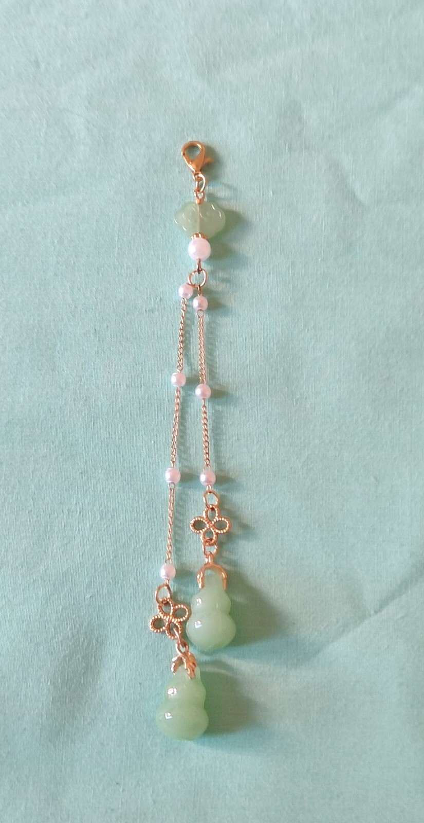 Asian Style Dangle Charm Faux Jade Glass Pearl Gold Tone Double Strand Kimono