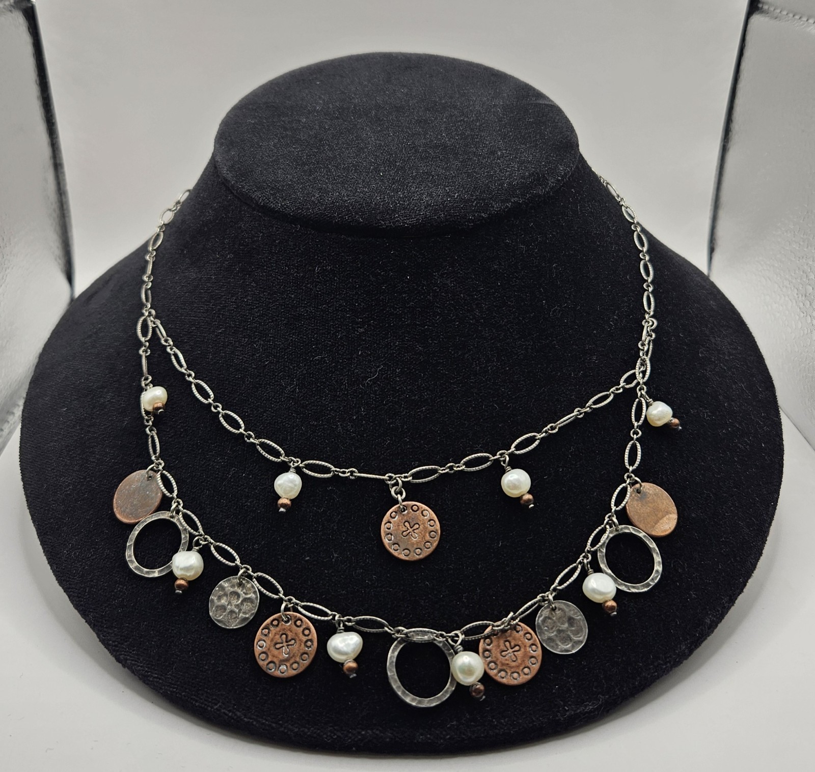 Vintage Sillada Pearl Bronze Coin Necklace 925 Sterling Silver Multi Layer