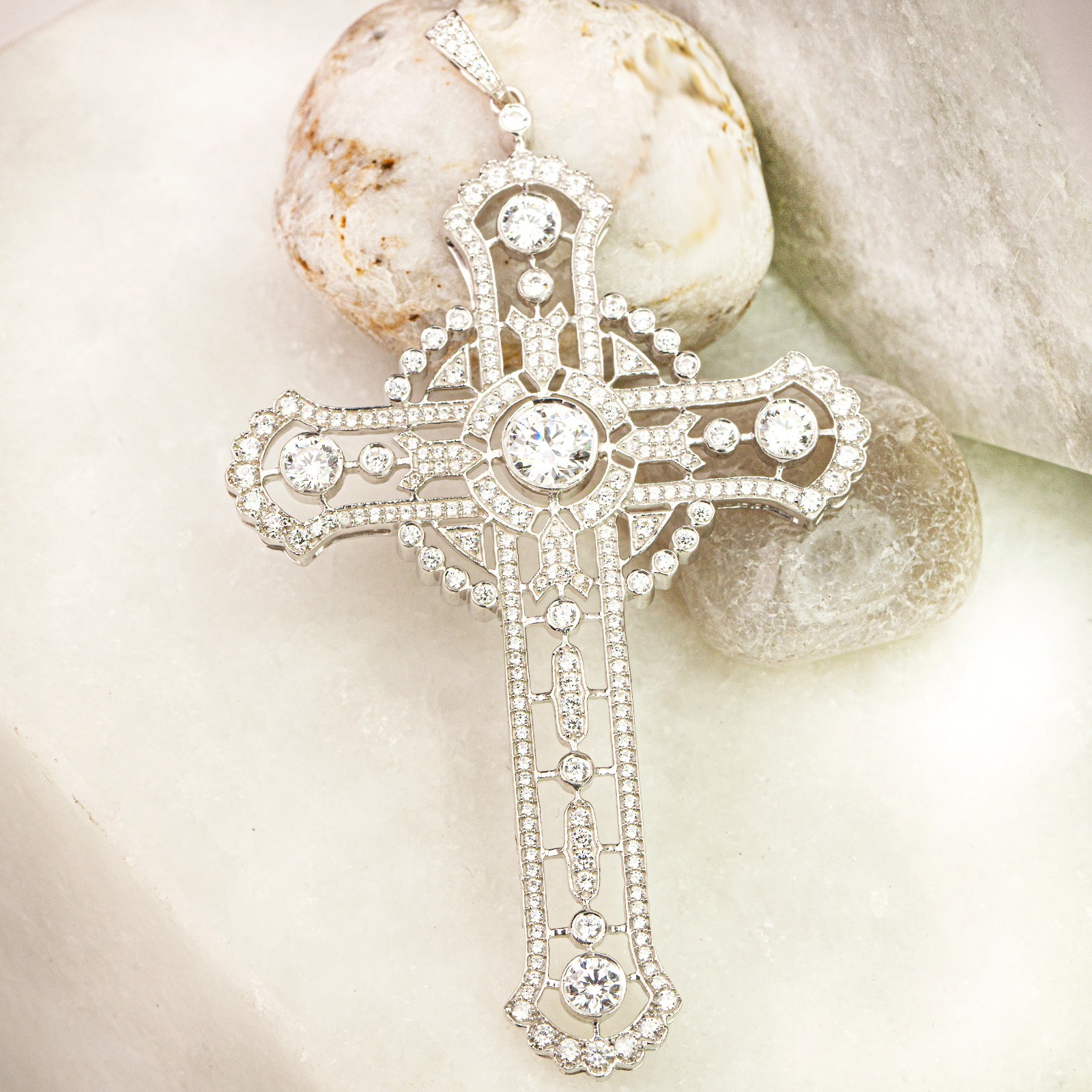 3.85TCW Round Lab Grown Diamond 14K Gold Vintage Art Deco Cross Filigree Pendant