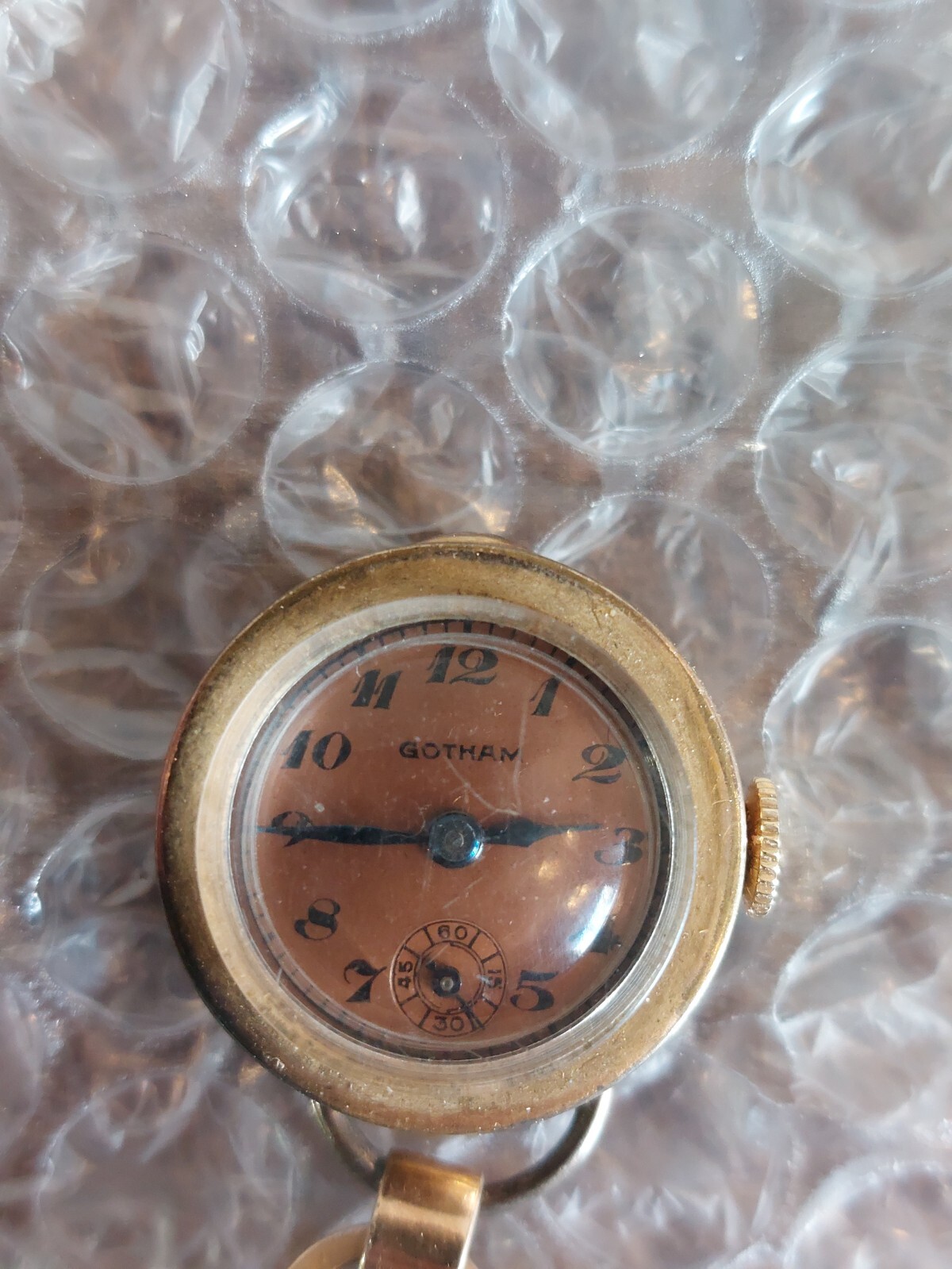 Vintage Gotham Manual Brooch Pin Watch 7 Jewels Copper Face Works 1/20 12k GF