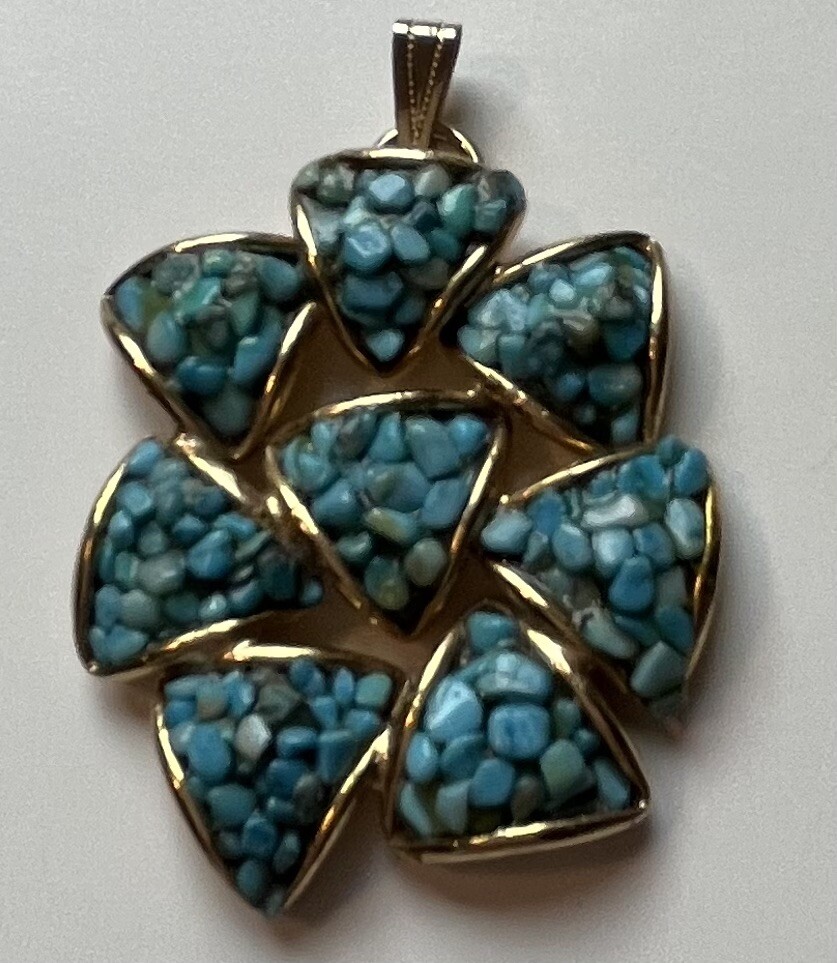 Turquoise Pendant Piece Textured Small Stones 8 Triangular Shapes Gold No Chain