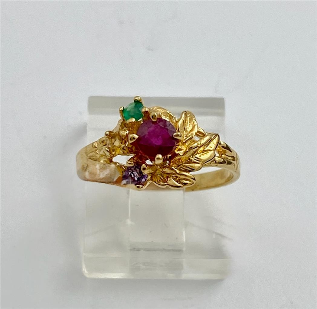 Vintage Red, Green, Purple & Yellow Gem Stones Gold Tone Ring Size 5
