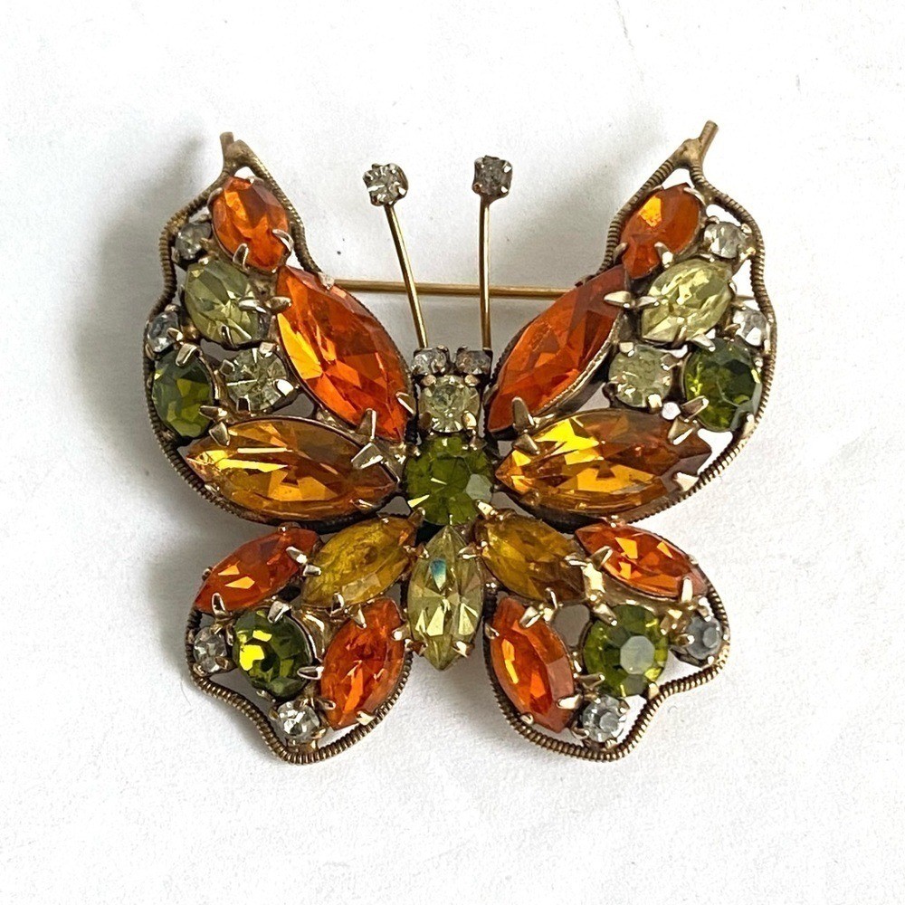 Vintage La Roco Butterfly Brooch Orange Green Rhinestone Pin Retro Estate Piece