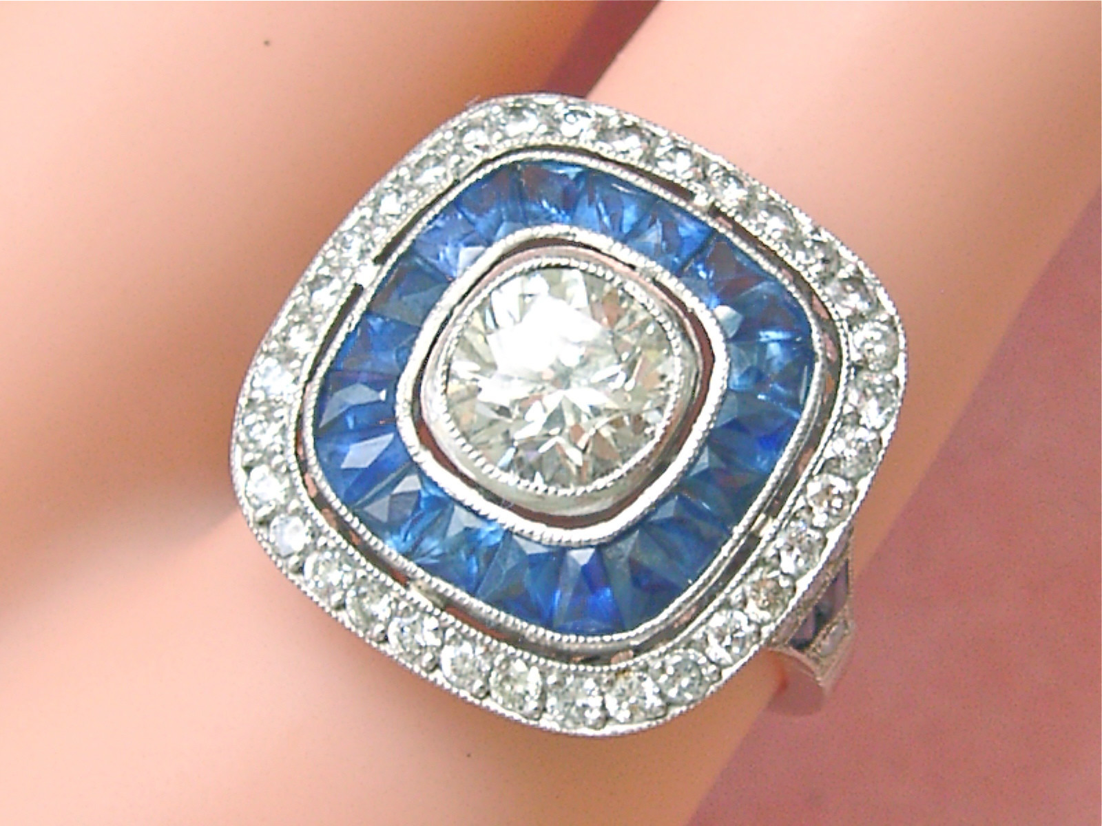 ART DECO 1.97ctw DIAMOND 1.2ctw SAPPHIRE HALO ENGAGEMENT CUSHION COCKTAIL RING