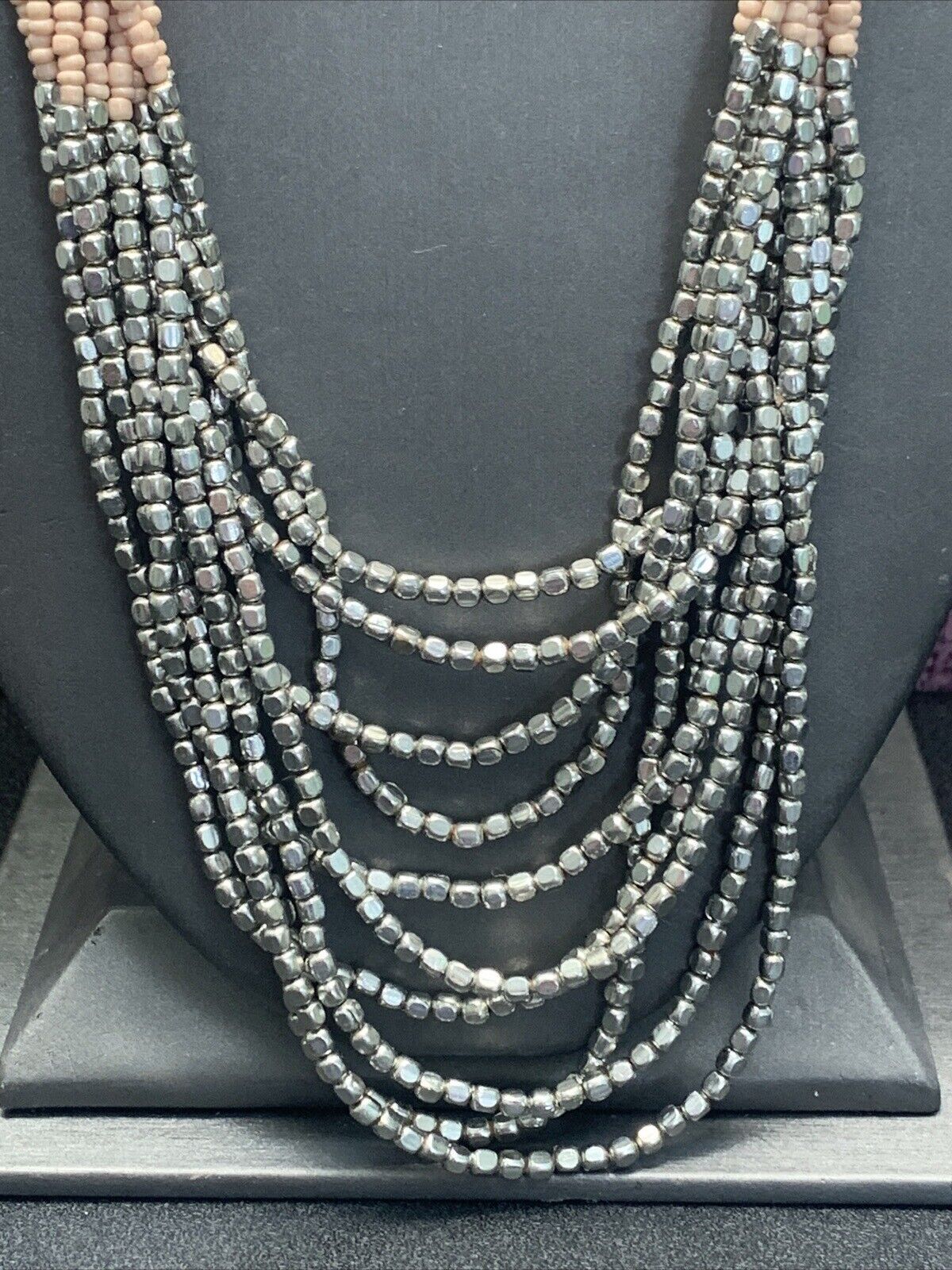 Statement Boho Pendant Waterfall Necklace Beaded Silver Peach Brown 32”
