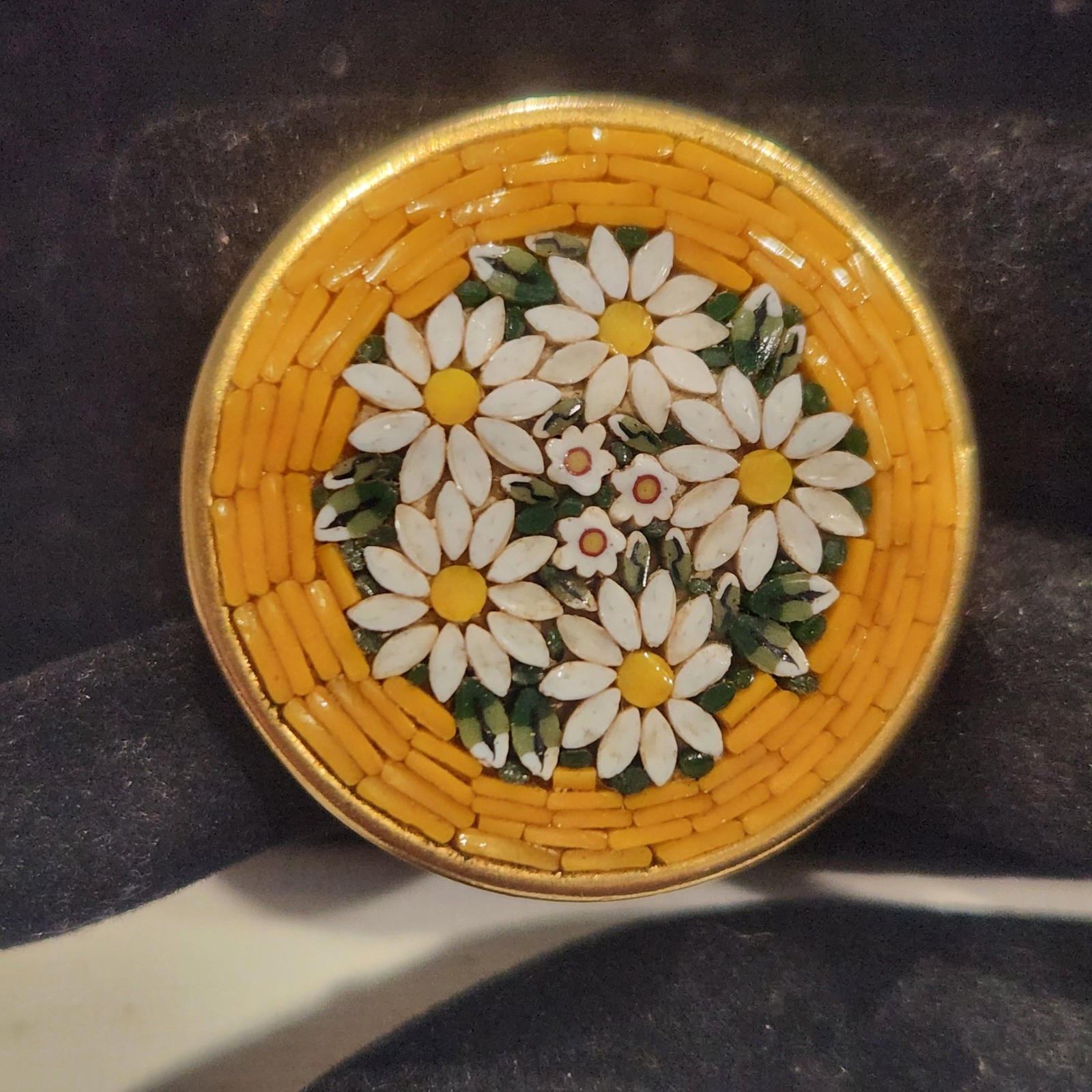 Vintage Italian Micro Mosaic Floral Brooch Yellow Daisy Pin Made in Italy Round
