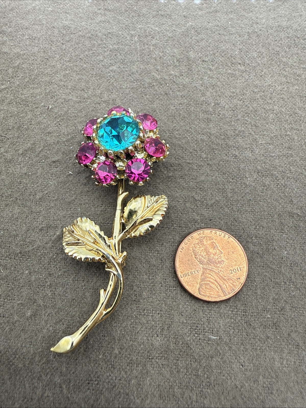 Vintage Figural Fucshia Pink and Teal Green Rhinestone Brooch Pin Gold Tone