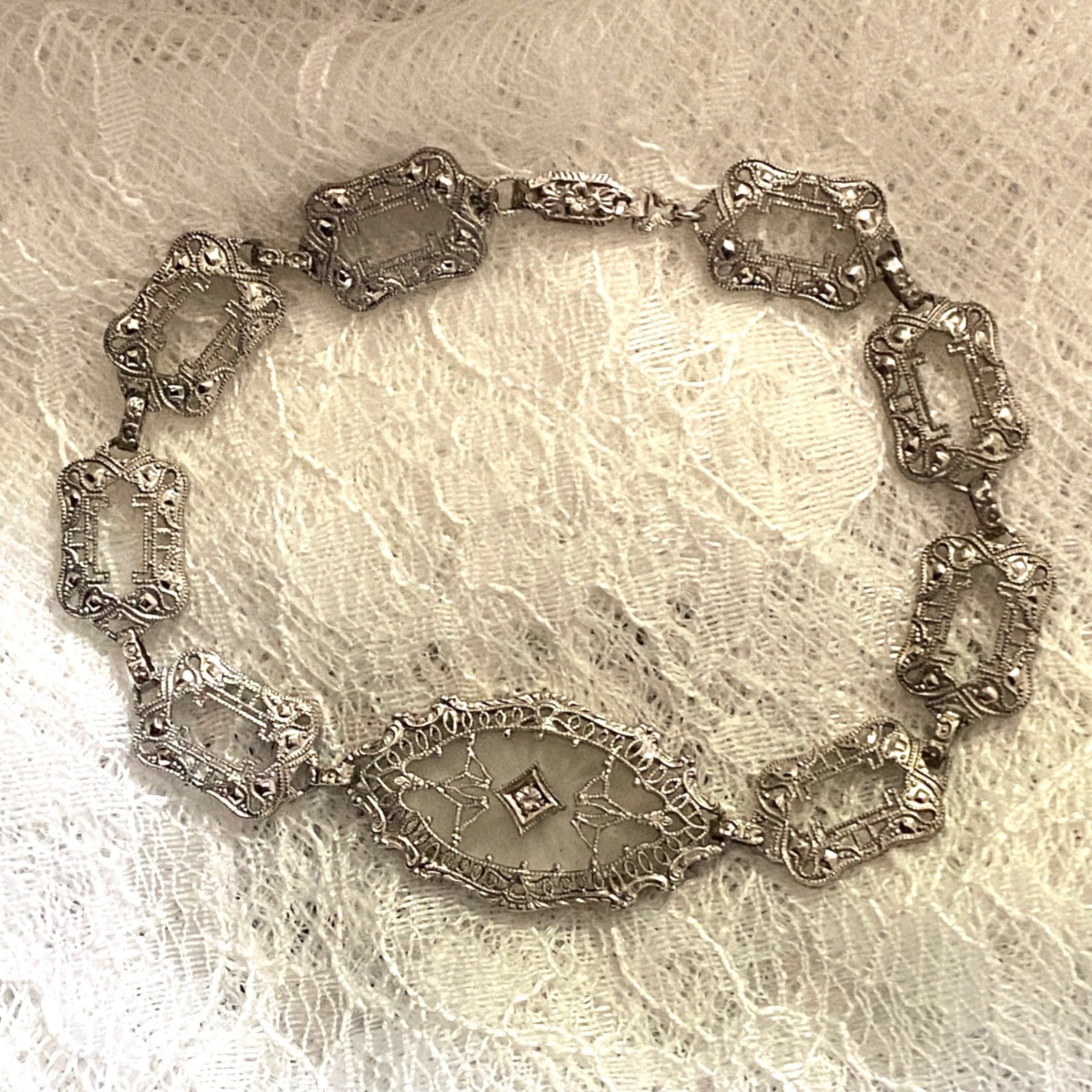 10K White Gold Camphor Glass Diamond Art Deco Filigree Bracelet 7.5″
