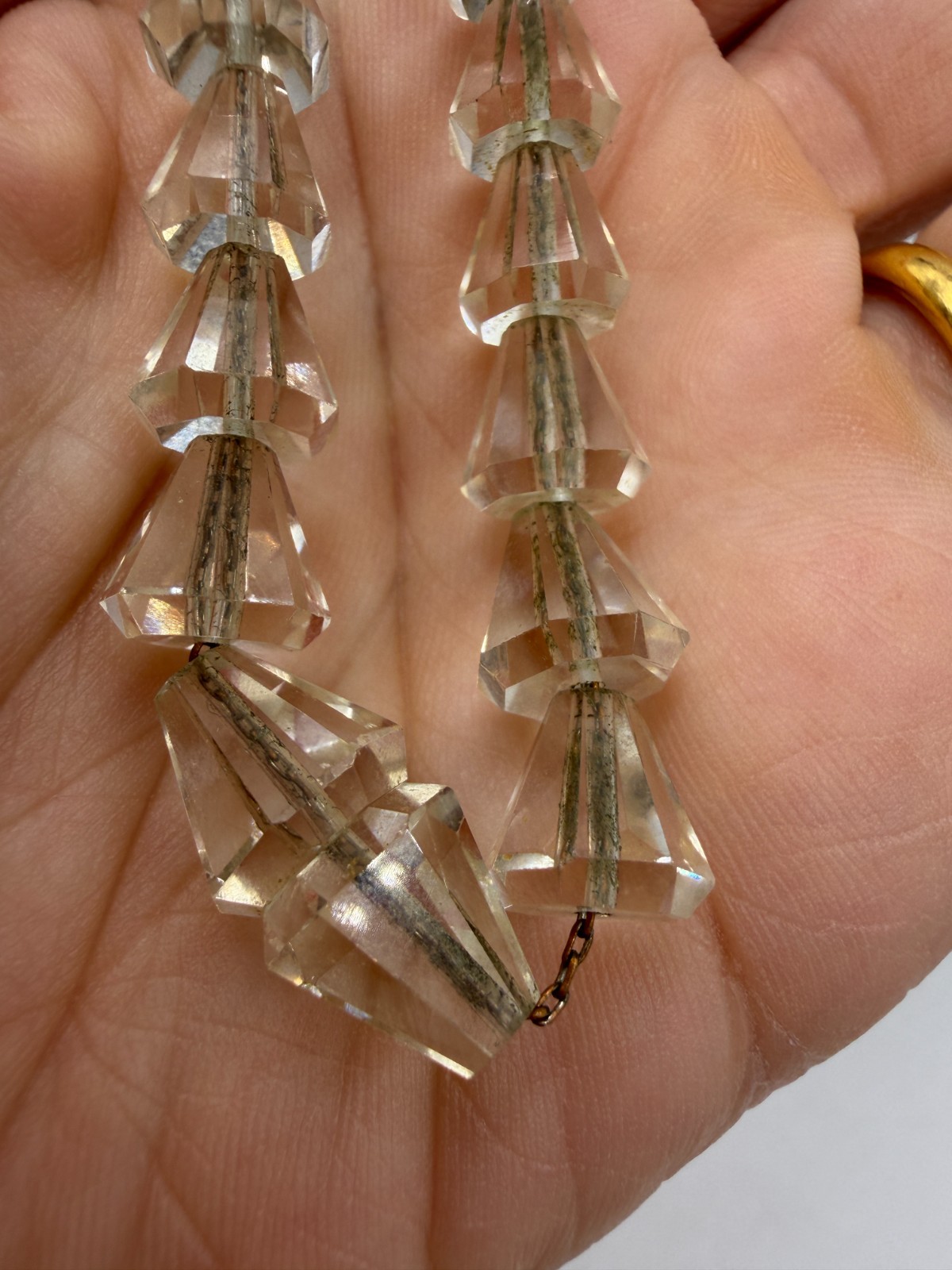 Vintage Necklace Glass Beads Art Deco Clear BiCone 16 Inches Estate PJ