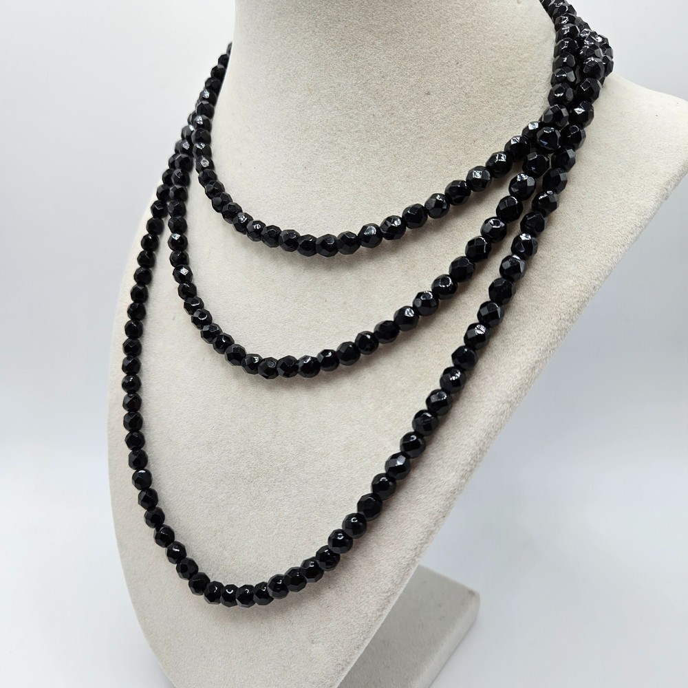 VINTAGE Convertible Black Faceted Glass Bead Long Necklace Round Box Clasp Close