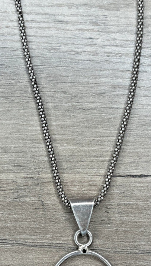 VTG Modernist Sterling 925 Popcorn Chain Necklace & Oval Openback Bezel Pendant