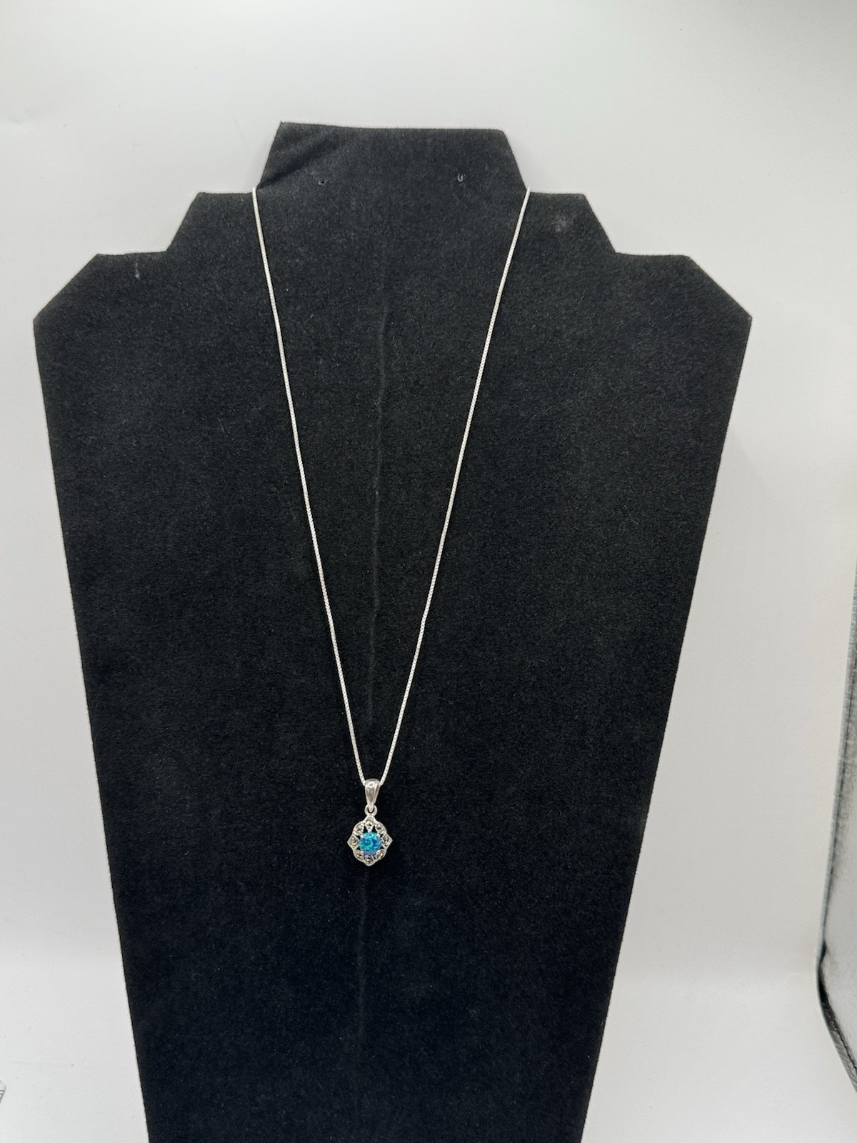 VTG: Sterling Silver925 Pendant Blue-Crafted Opal W/ Marcasite Surroundings 18”