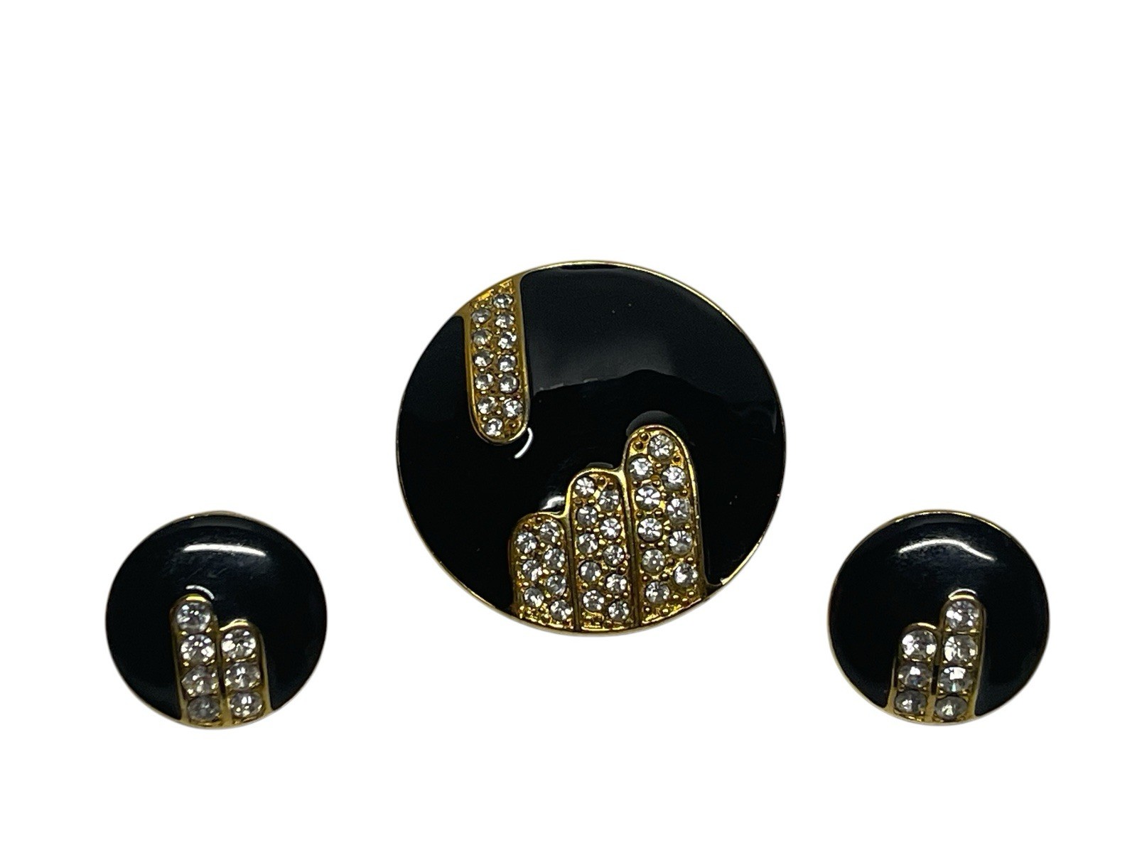 Vintage MONET Black Enamel Rhinestones Goldtone MCM Brooch And Earrings Set