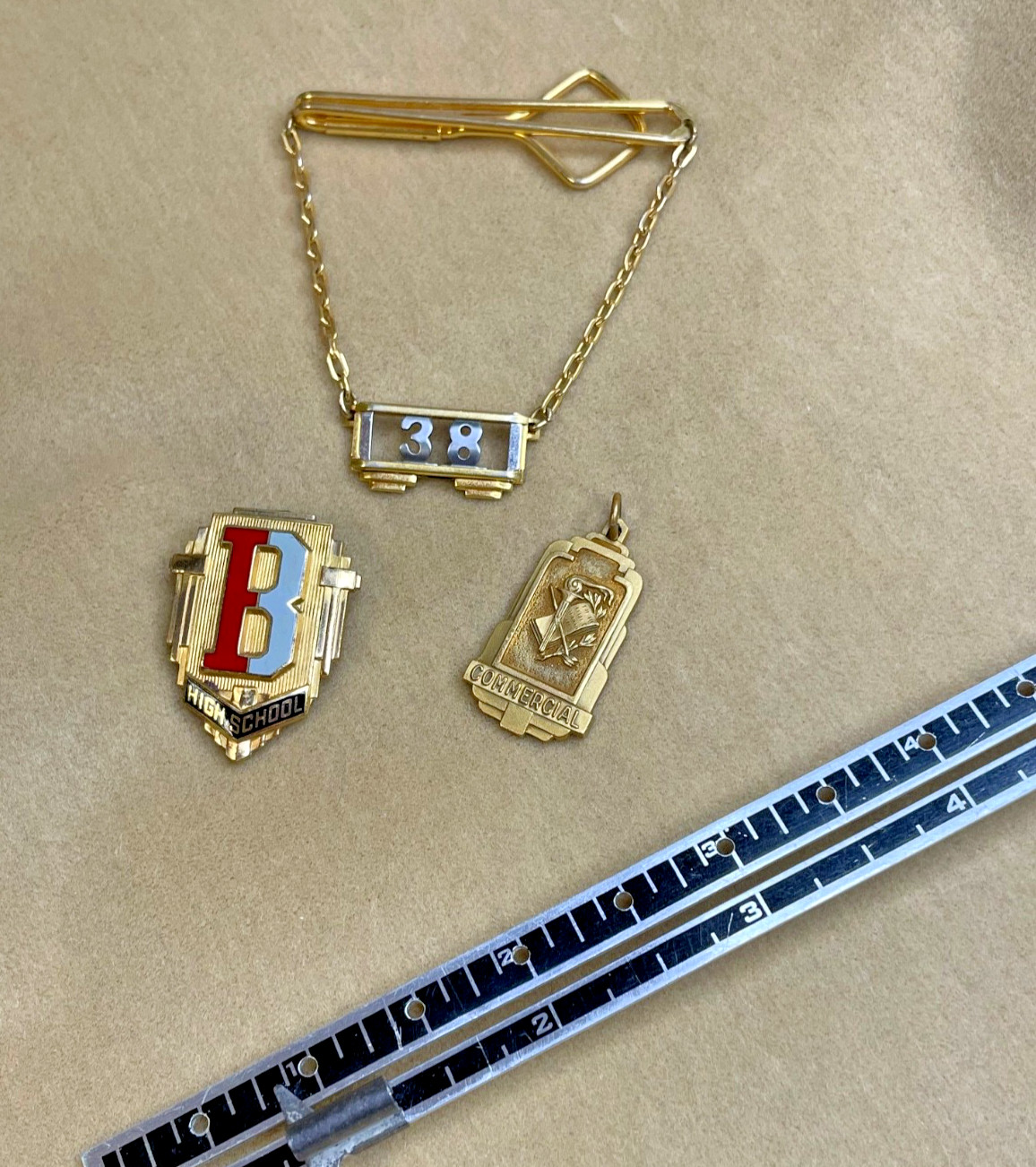 Suite of 3 Art Deco High School ’38 Swank? Tie Clip Lapel Pin “B” Balfour Charm