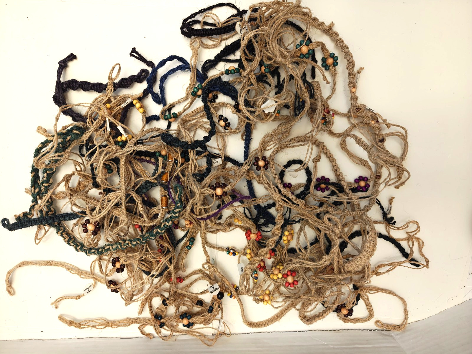 VINTAGE LOT OF HEMP BRACELETS, ANKLETS, NECKLACES; DARK & LIGHT; 1980’S NEW! #1