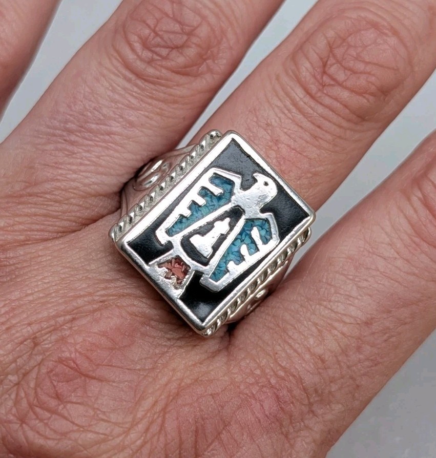 Vintage Silver Plated Native American Thunderbird Stone Chip Inlay Ring Sz 9.75