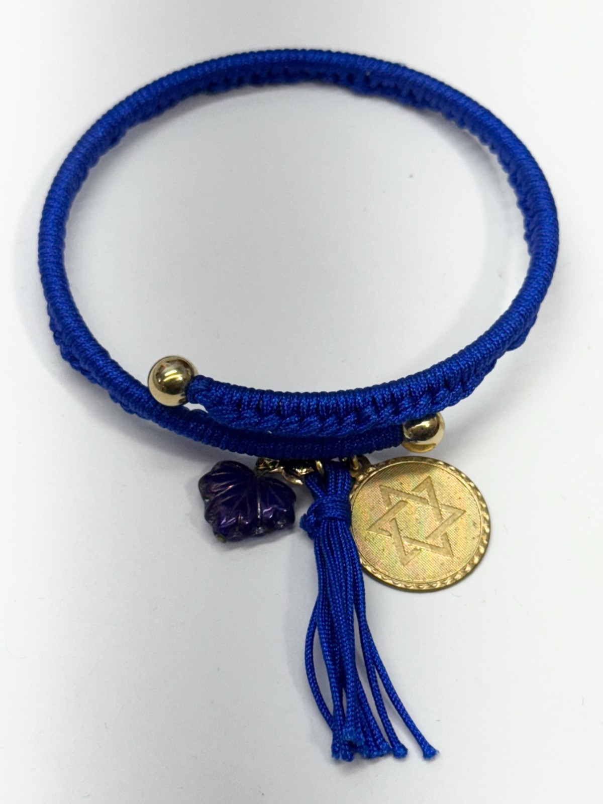 Vintage blue Jewish star glass leaf charm tassel bracelet bangle