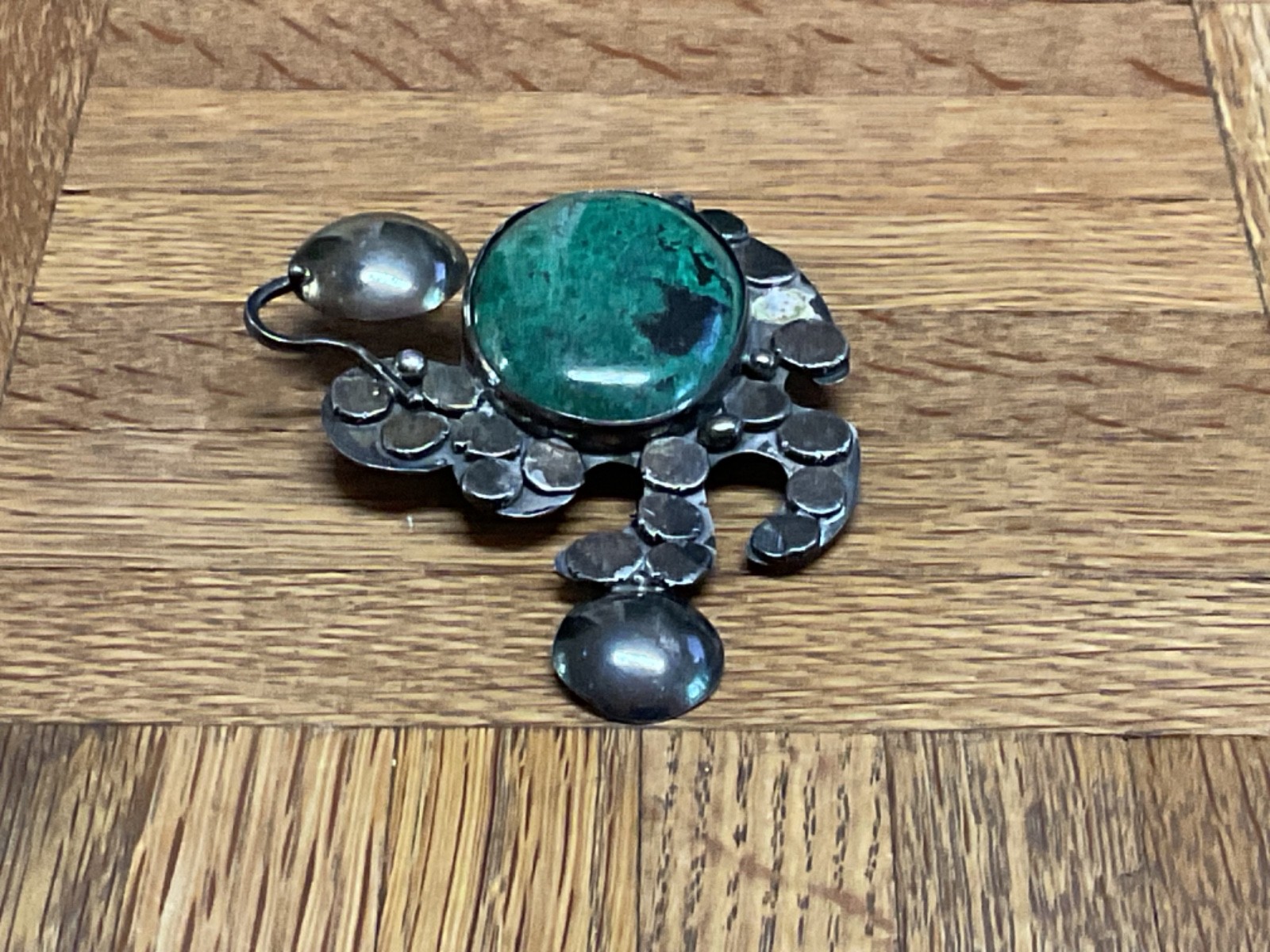 Vintage ISRAEL 925 Sterling Silver Chrysocolla Brutalist Brooch Pendant 44g