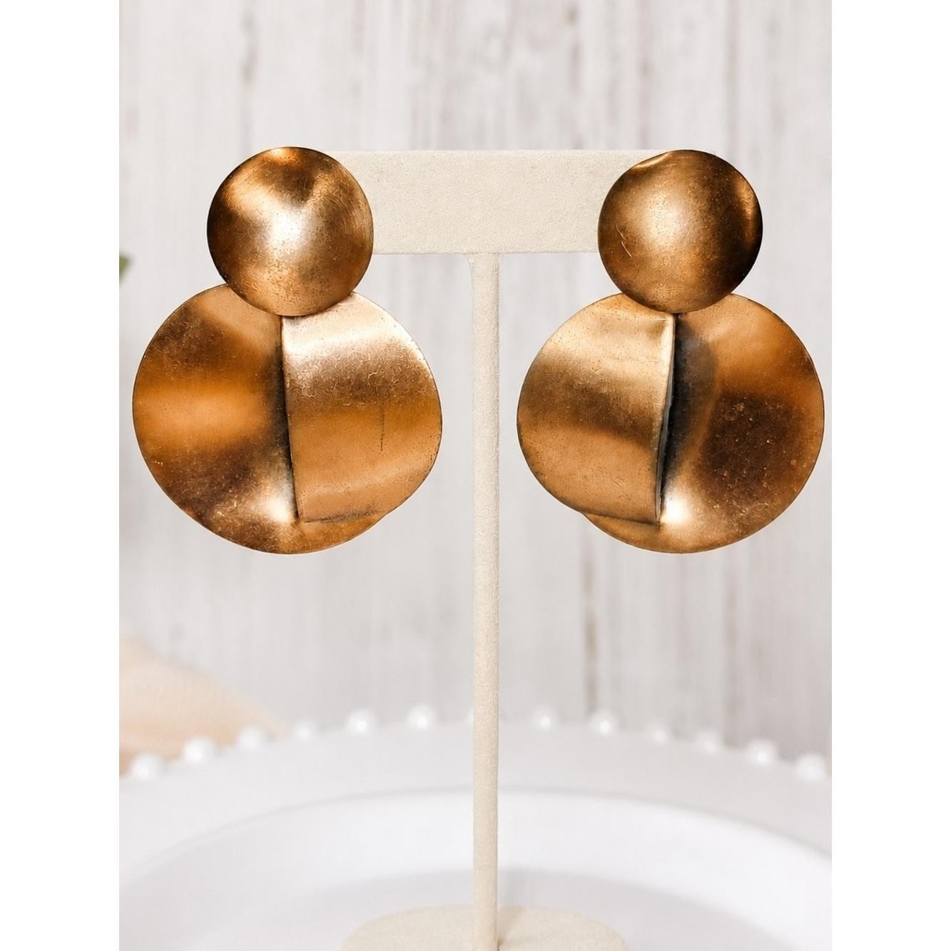 Vintage Copper Dangle Earrings Geometric Round Disc Statement Earrings Mixed Met