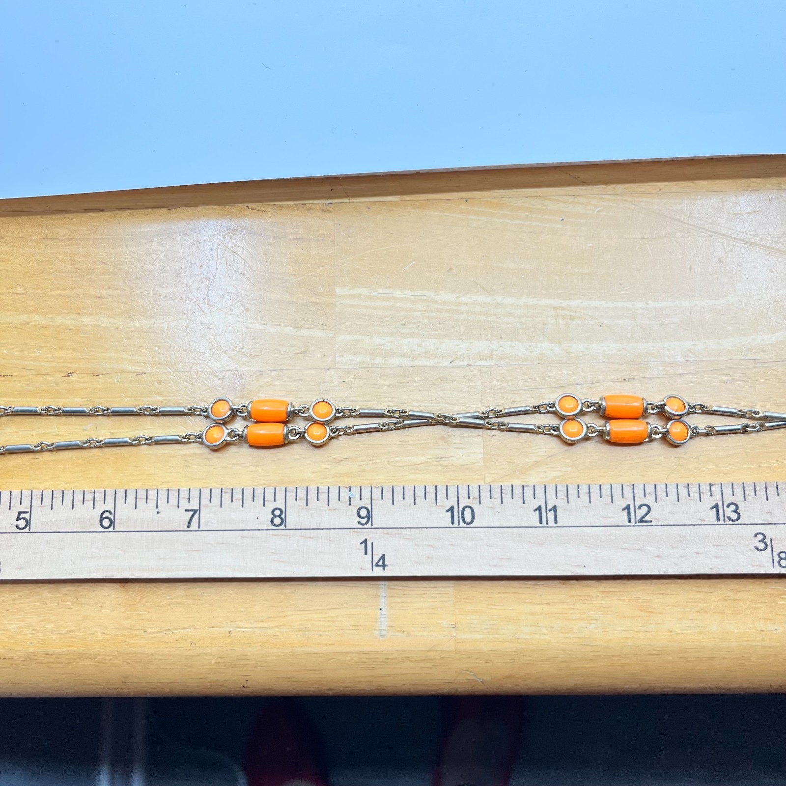 Vintage Orange Enamel Bar Link Station Necklace Silver Tone Mod 36″ Spring Ring
