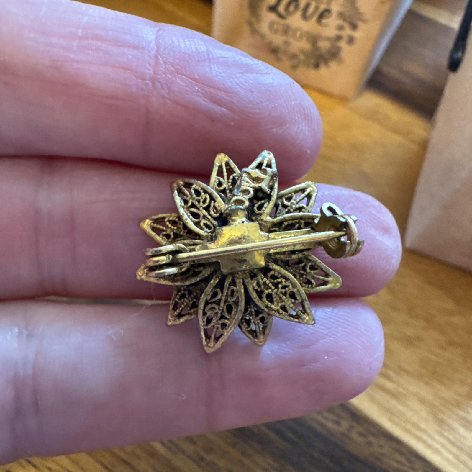 Vintage Tacoa Gold Toned Flower Pearl Brooch Signed Dainty Lapel Pin Old Money