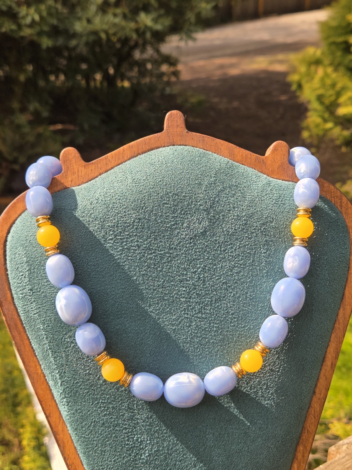 Vintage Avon Lucite Moon Glow Necklace 80s Blue Orange Gold Tone Plastic Beaded