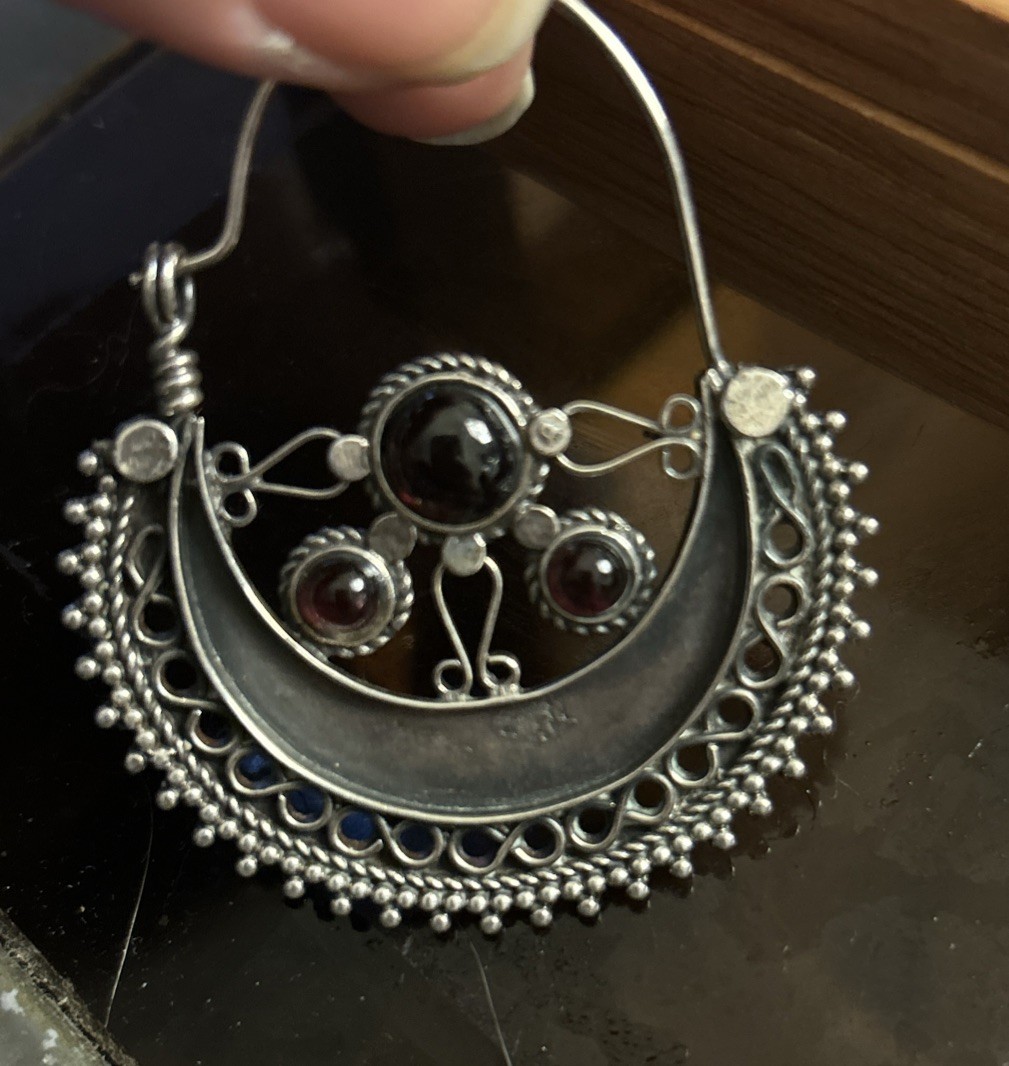 Vintage Morocco silver black onyx ornate tribal Dangle earrings 900