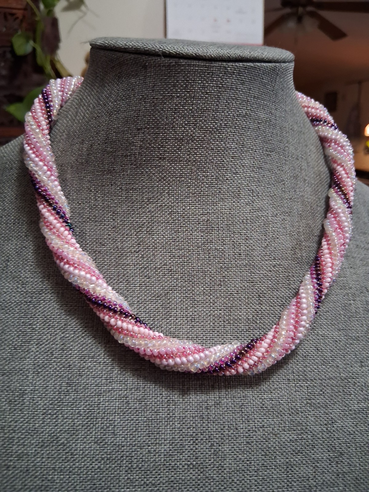 Twisted torsade necklace, pink, purple, & white glass seed bead, rope style