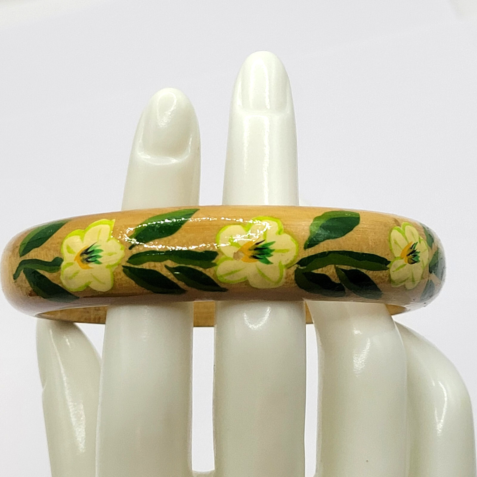 Wood Bangle Hand Painted Cream Flowers Green Leaves Lacquered Bangle Bracelet
