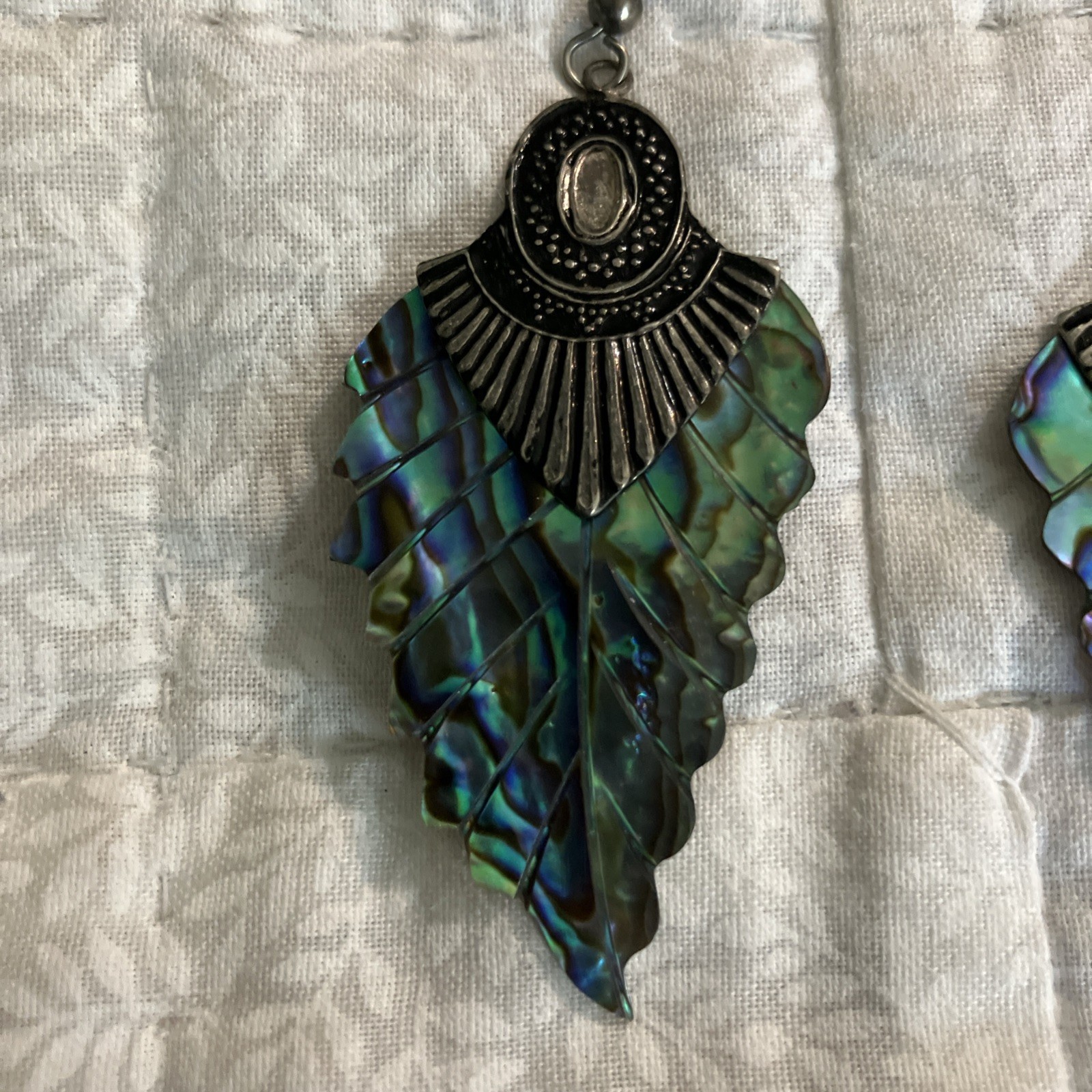 Vintage 1980s-1990s, Abalone Feather Earrings, Silver