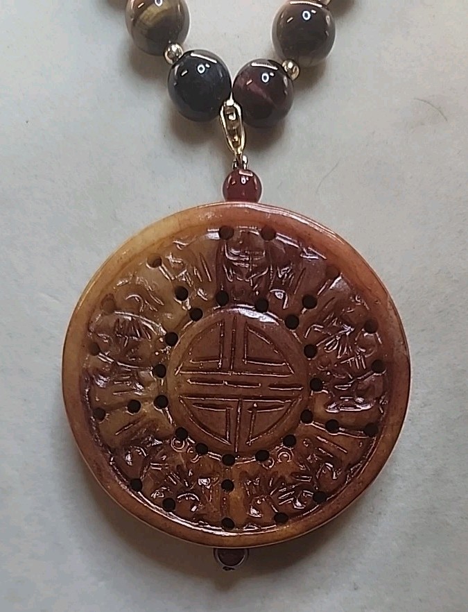 VTG Multi-Color Tiger Eye Beaded Necklace W/Gold Plated Beads & Red Jade Pendant