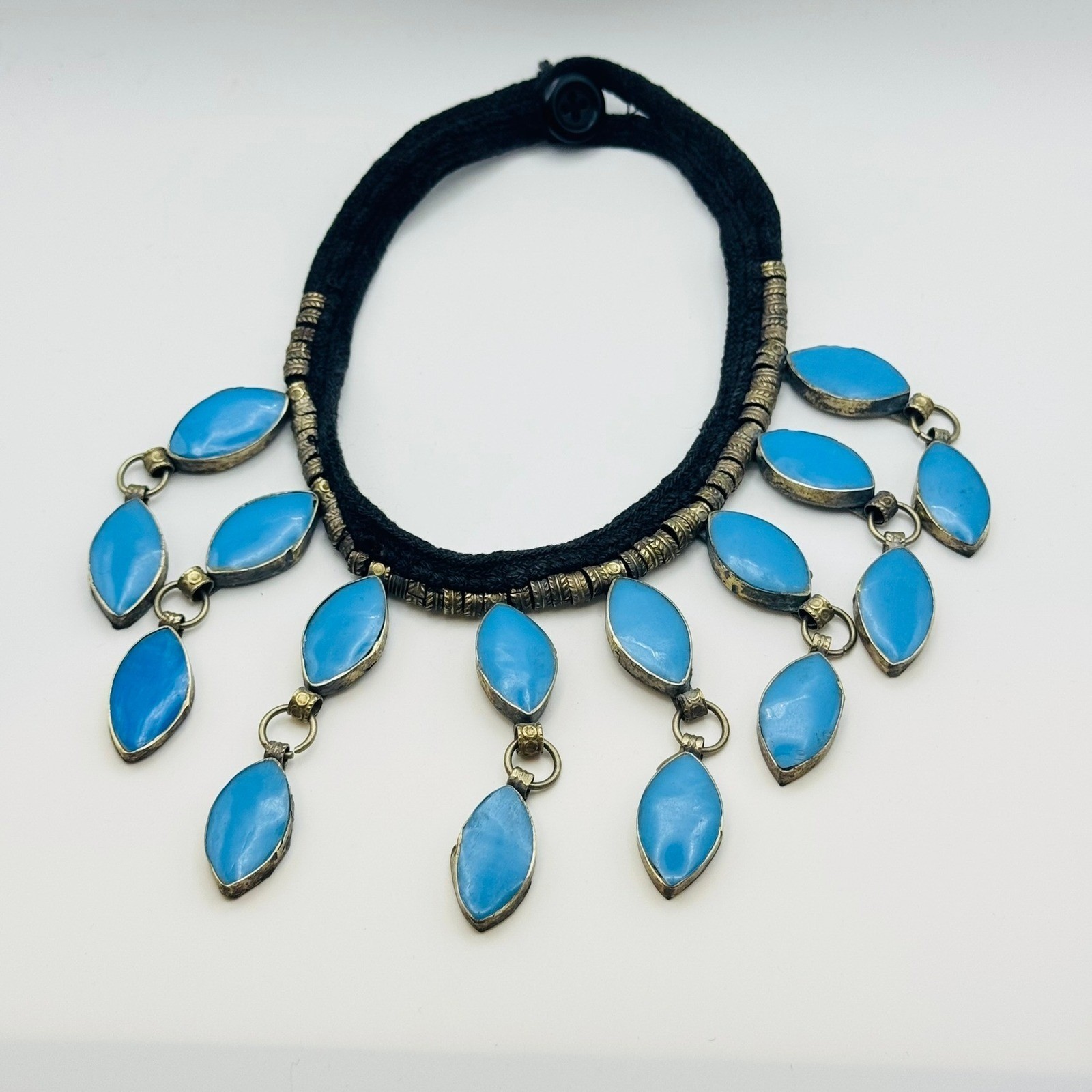 VTG Blue Glass Collar Bib Necklace BOHO Egyptian style choker silver fringe 14″
