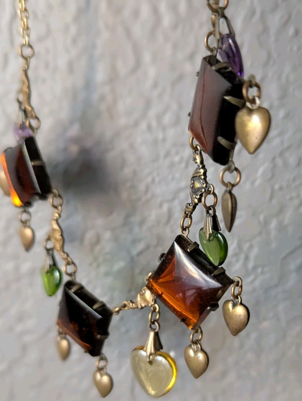 Vtg Art Glass Works Studio Brass Heart Charm Statement Necklace Amber Multi