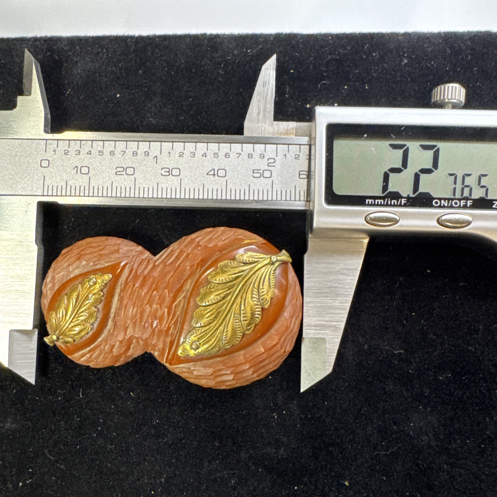Vintage Art Deco Carved Bakelite Brown w/ Brass Leaf Dress Clip