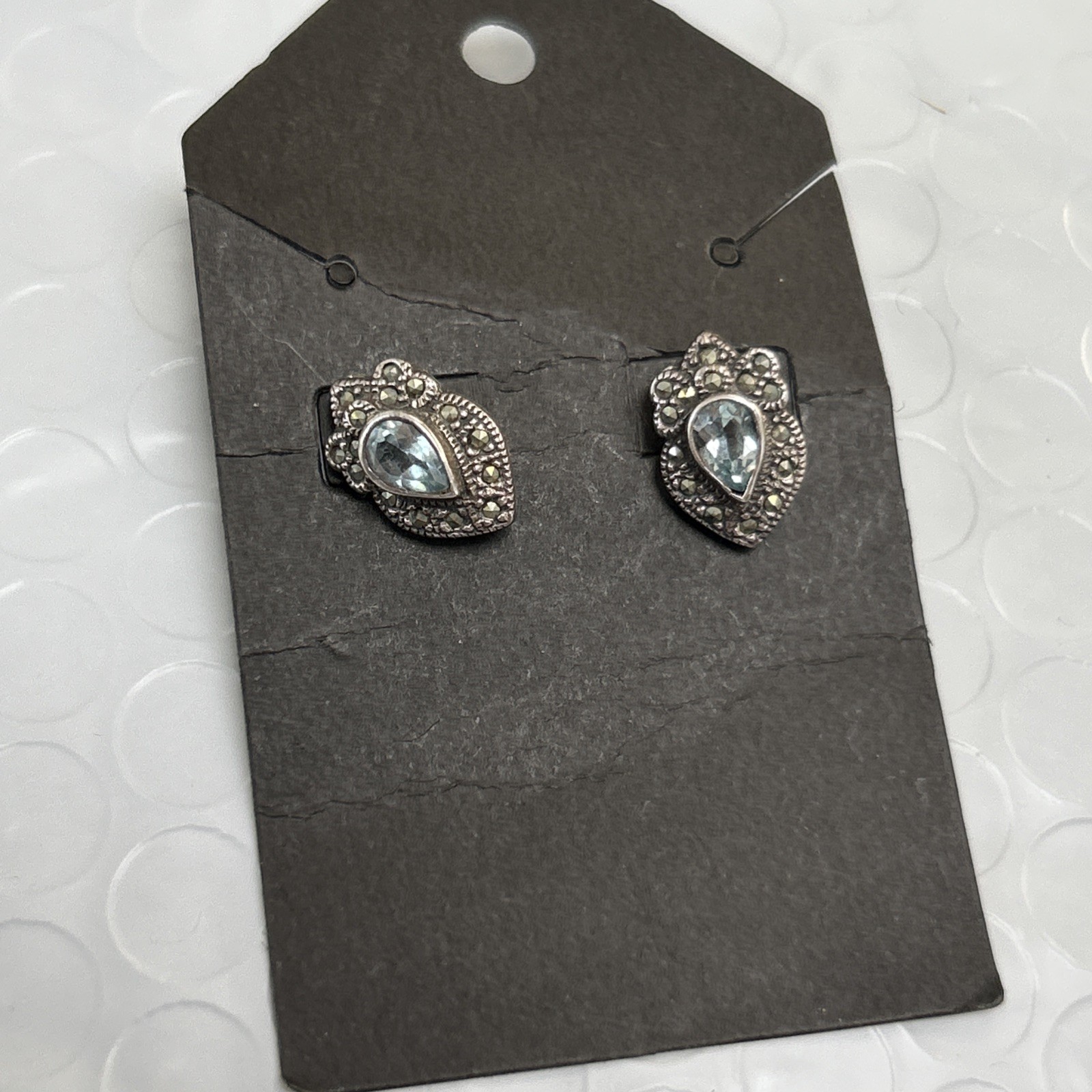 VTG CW Sterling Silver Marcasite Blue Topaz Stud Earrings 1/2” 3g