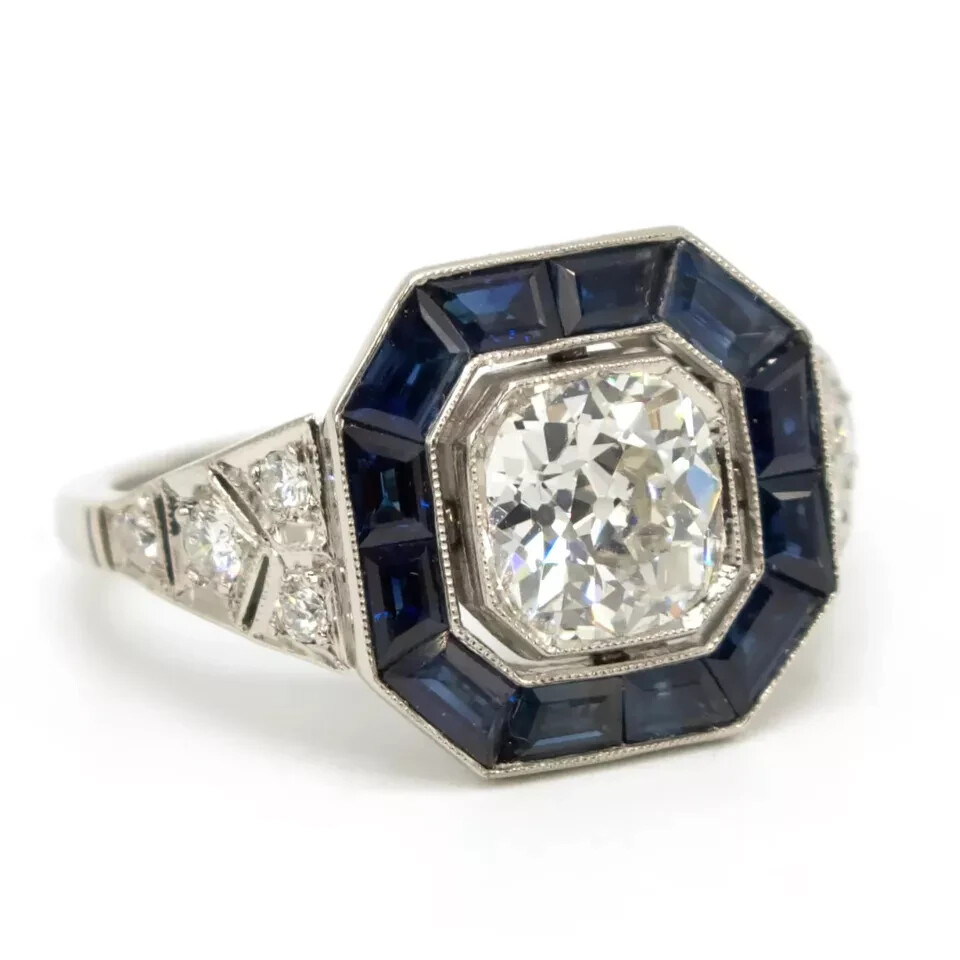 3.0Ct Art Deco Style Lab-Created Diamond Sapphire Halo Bezel Set Ring 925 Silver
