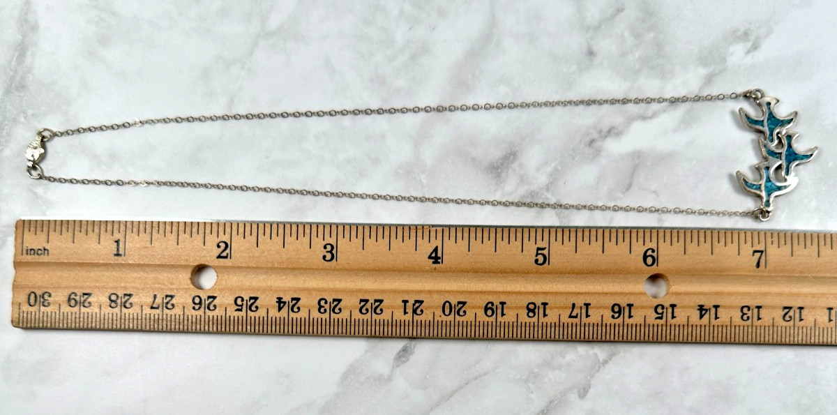 Sterling Silver Southwest Necklace-3 Flying Birds w/ Turquoise Chip Inlay-14″