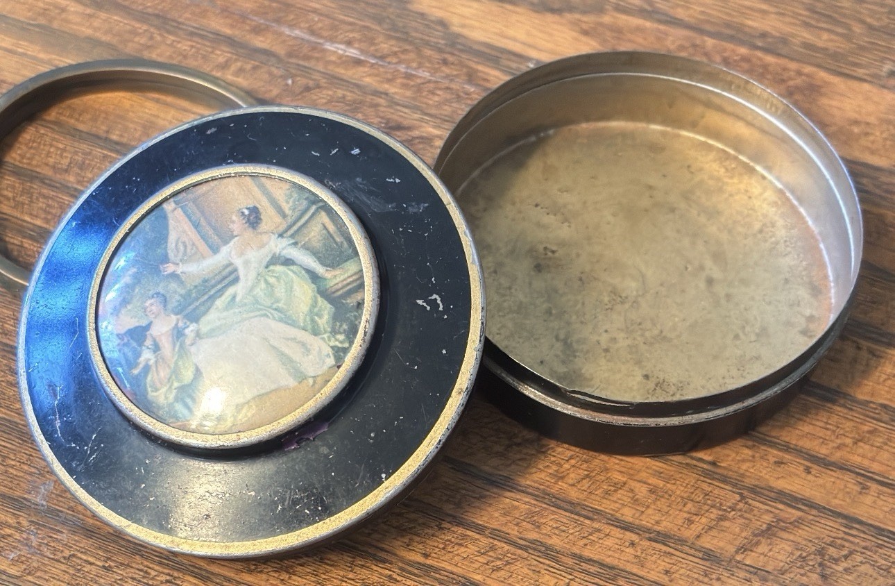 Antique Vintage Circa 1920-1930’s Portrait Tin and Floral Hinged Bangle Bracelet